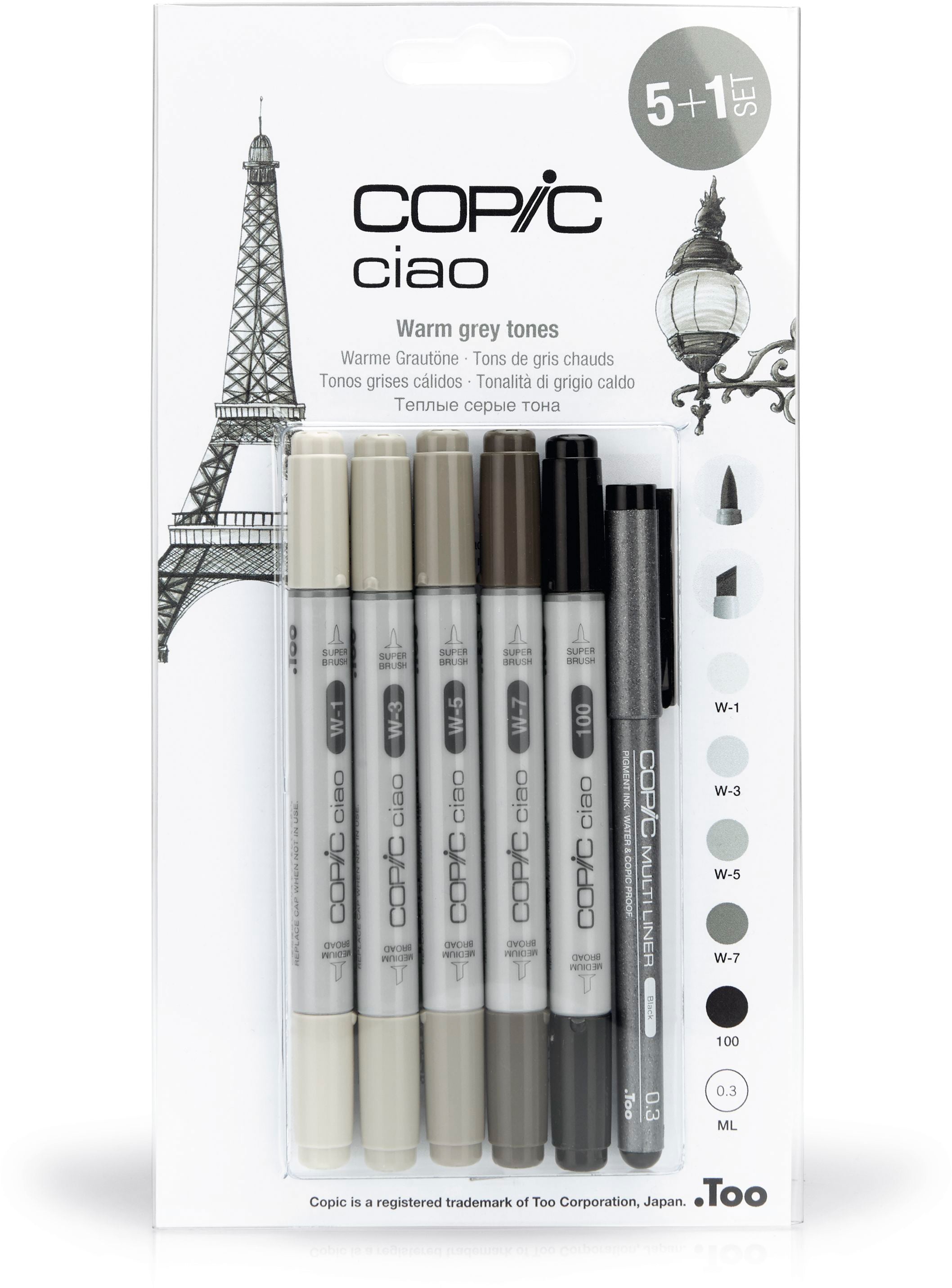 Copic ciao Permanentmarker – Doppeltspitze (mittelfeine Spitze + Pinselspitze) – Warme Grautöne – 6er-Set