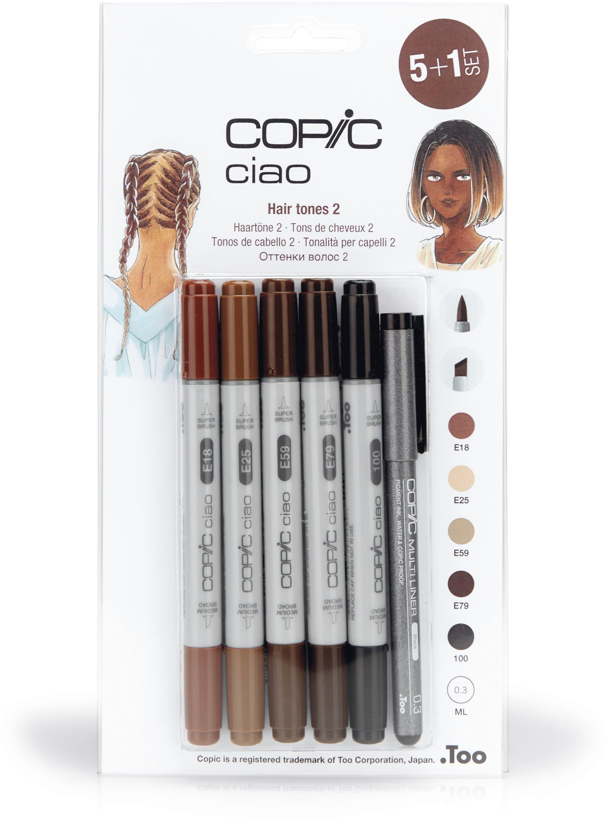 Copic ciao Brush Pen, Doppelspitze, Hair Tones 2 – Kombi, alkoholbasiert, 5 Farben, 6er Set
