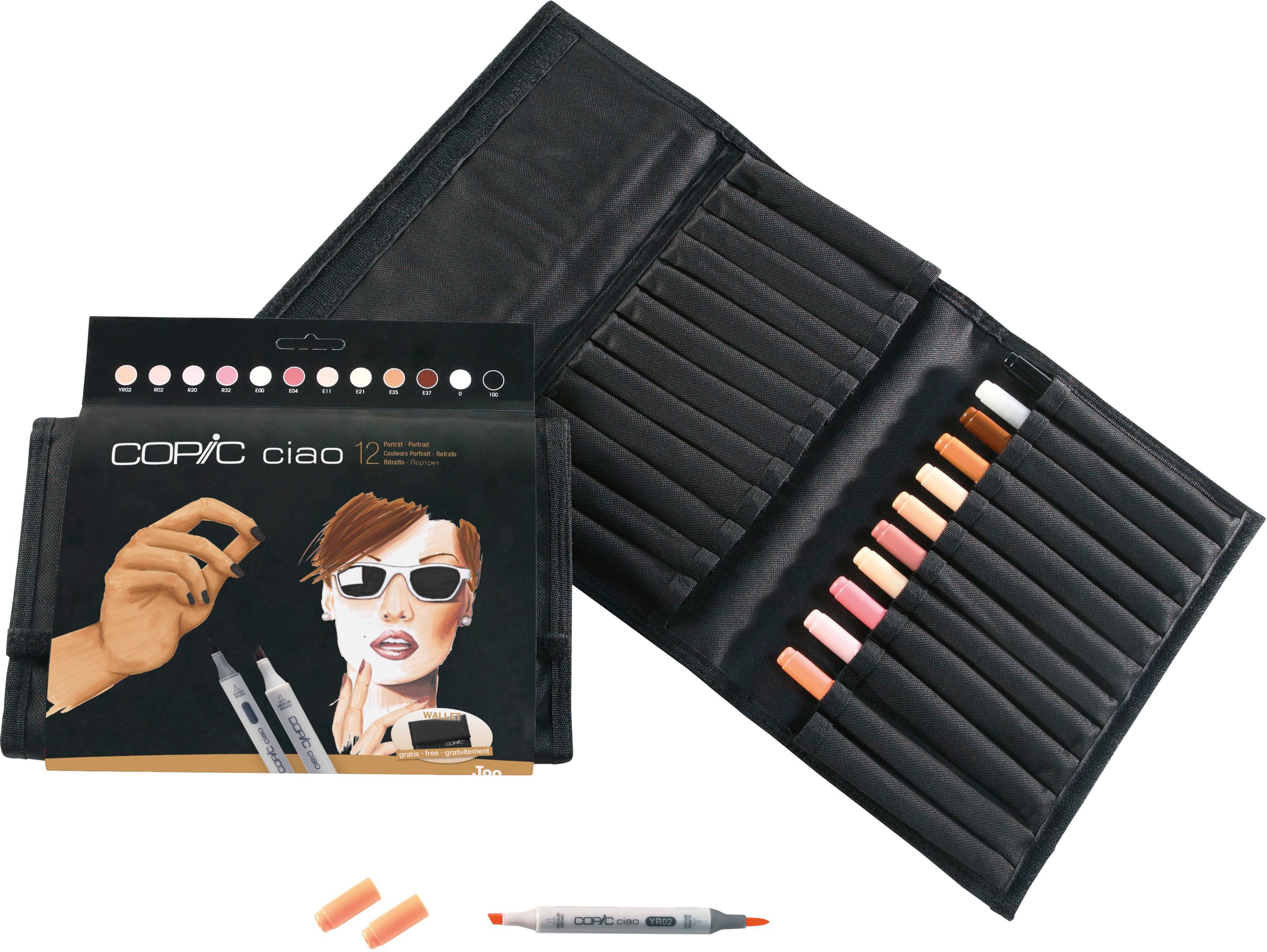 Copic Ciao Brush Pen, Doppelspitze, Hautfarben – Kombi (Pinsel + Keil), alkoholbasiert, 12 Farben