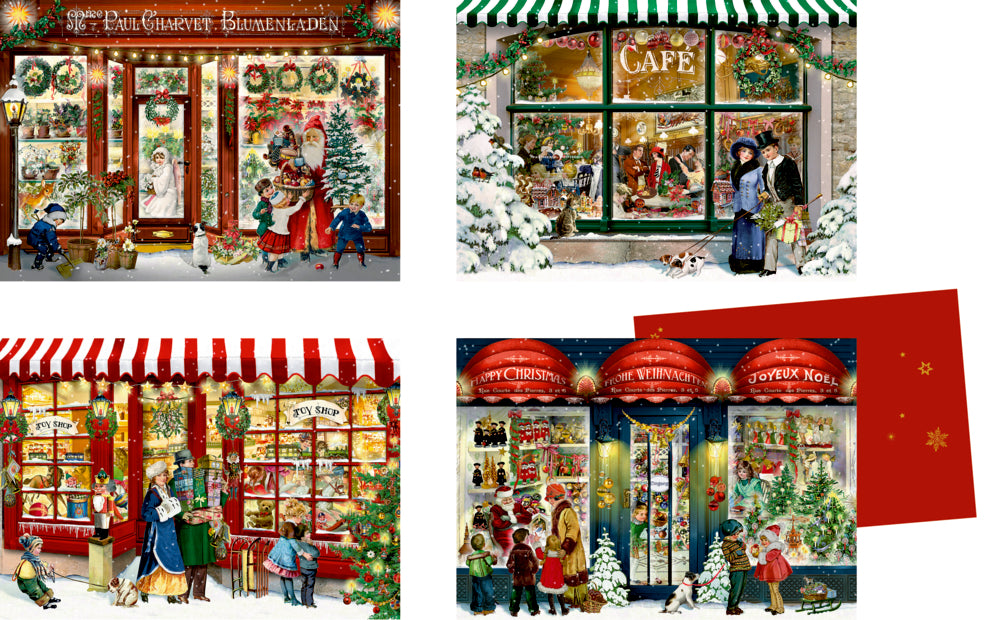 Coppenrath Weihnachtskarten – 120 × 180 mm, mit Couvert, Weihnachtsläden Barbara Behr, sortiert – 24 Stk