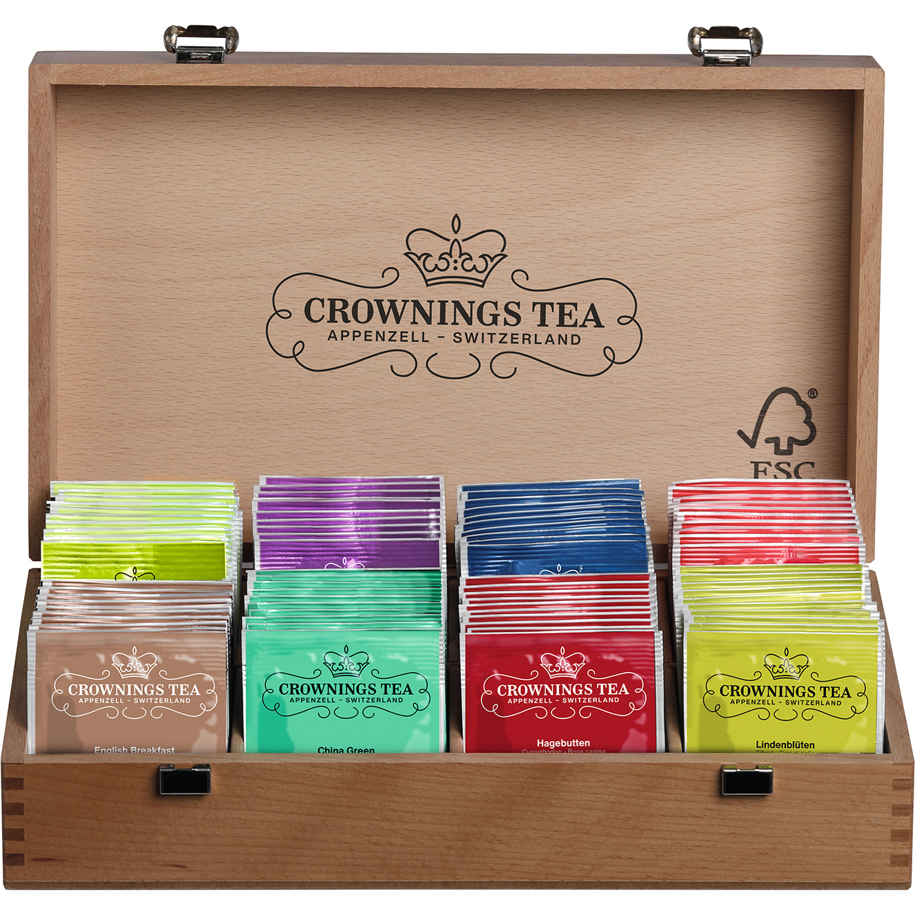 Crowning's Geschenkset Kräutertee & Früchtetee & Schwarztee – 8 × 10 Doppelkammerbeutel – Holzbox