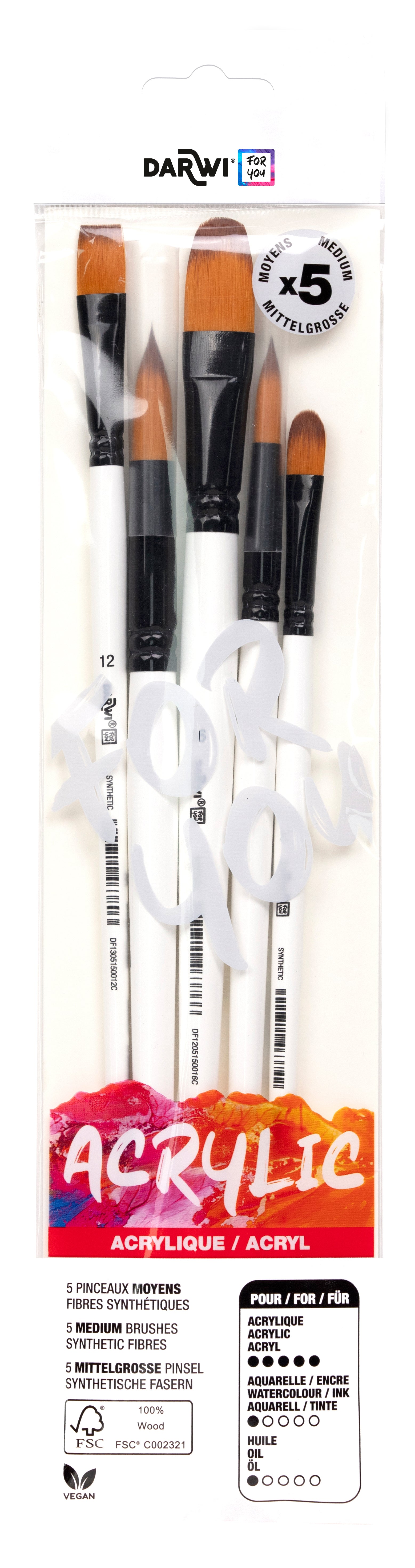 Darwi For You – Pinsel-Set – Flachpinsel/Rundpinsel/Katzenzungenpinsel, Synthetikborsten, 5er-Set