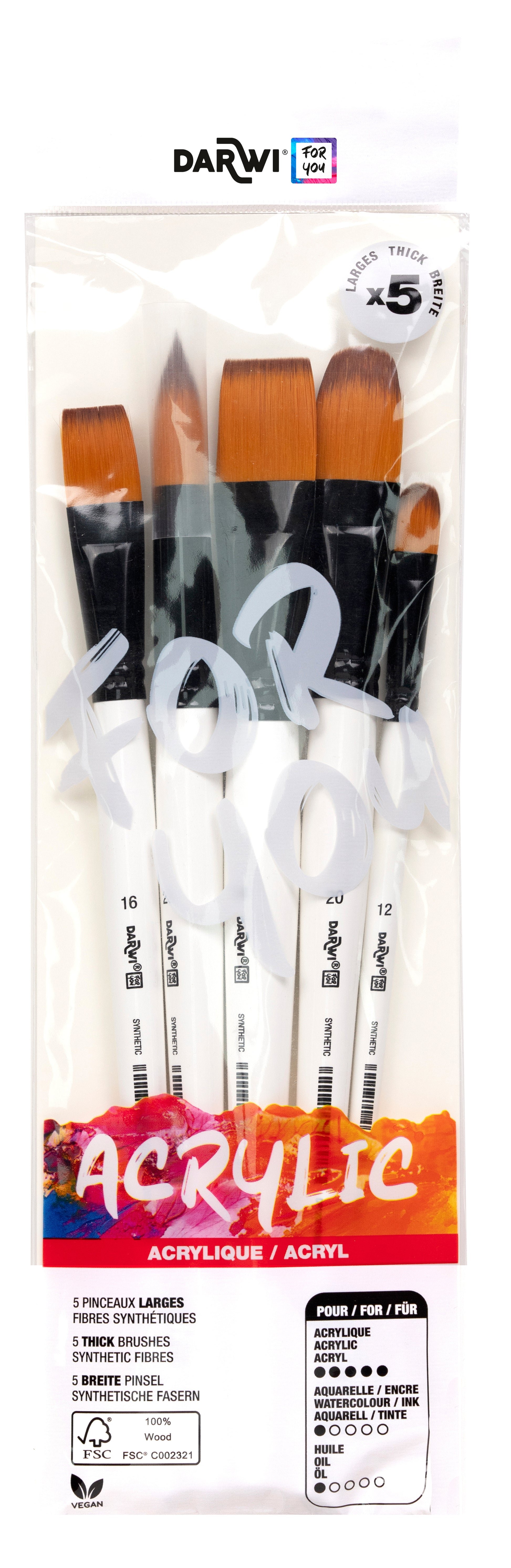 Darwi Pinsel-Set – Flachpinsel, Rundpinsel, Katzenzungenpinsel, Synthetikborsten, 5er-Set, für Acryl