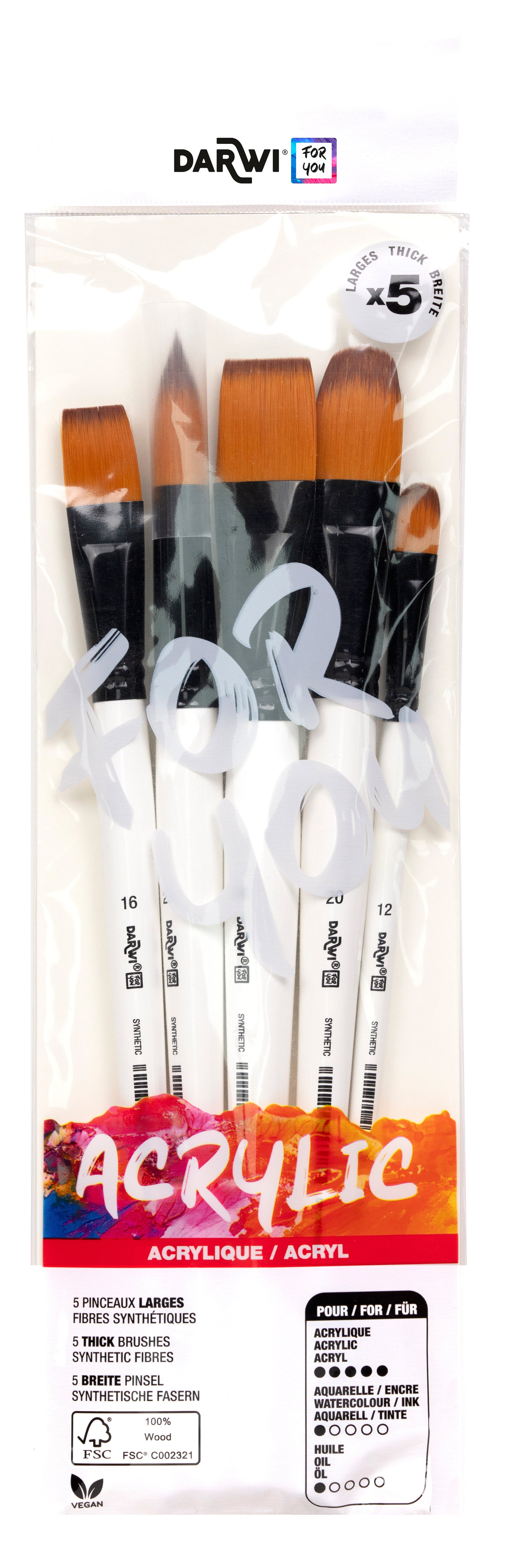 Darwi Pinsel-Set – Flachpinsel, Rundpinsel, Katzenzungenpinsel, Synthetikborsten, 5er-Set, für Acryl