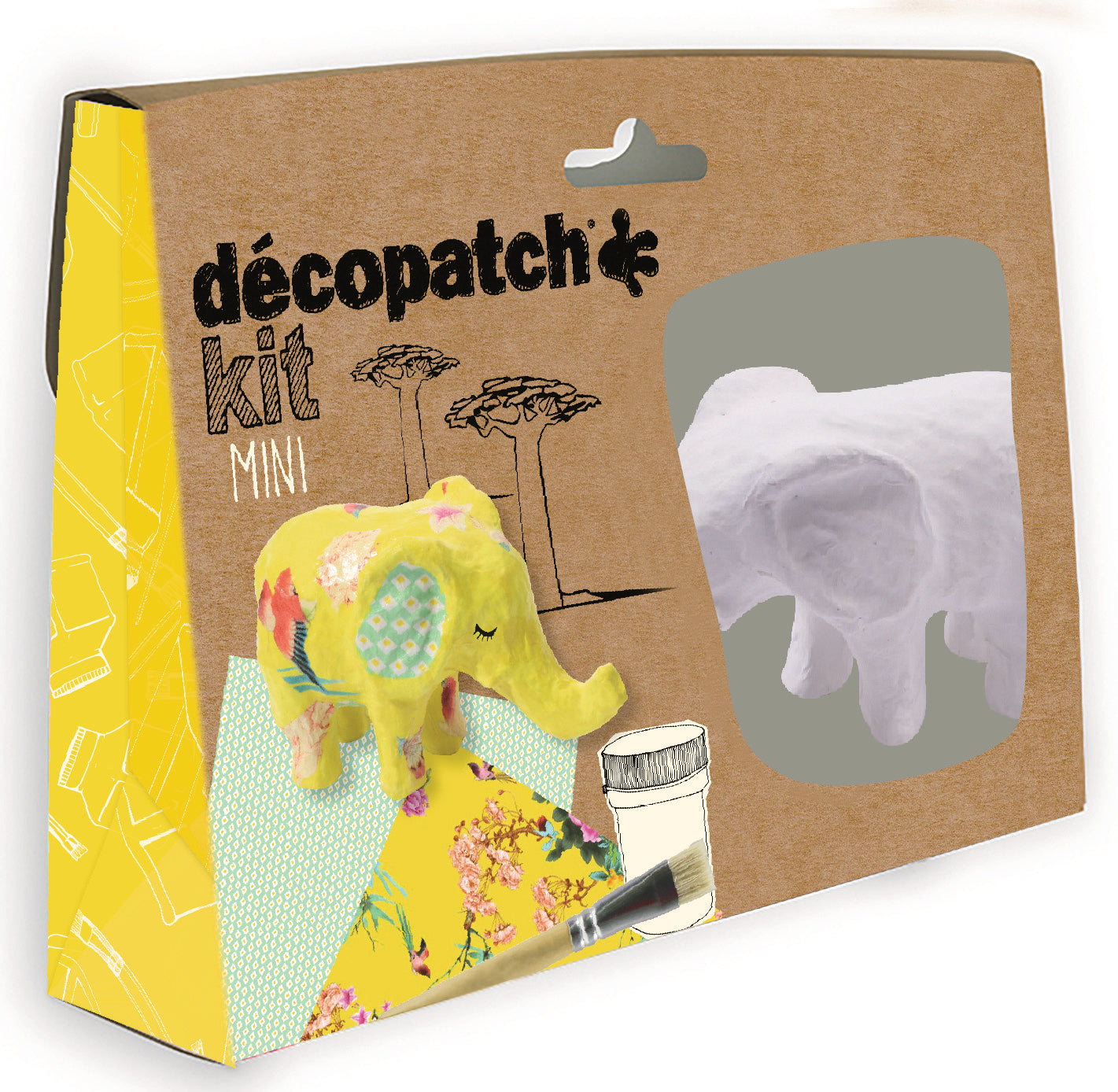 Décopatch KIT029C – Bastelset – Elefant – inkl. 1 Pappmaché-Tier, 2 Bögen, 1 Pinsel, 1 Klebelack – ab 5 Jahren