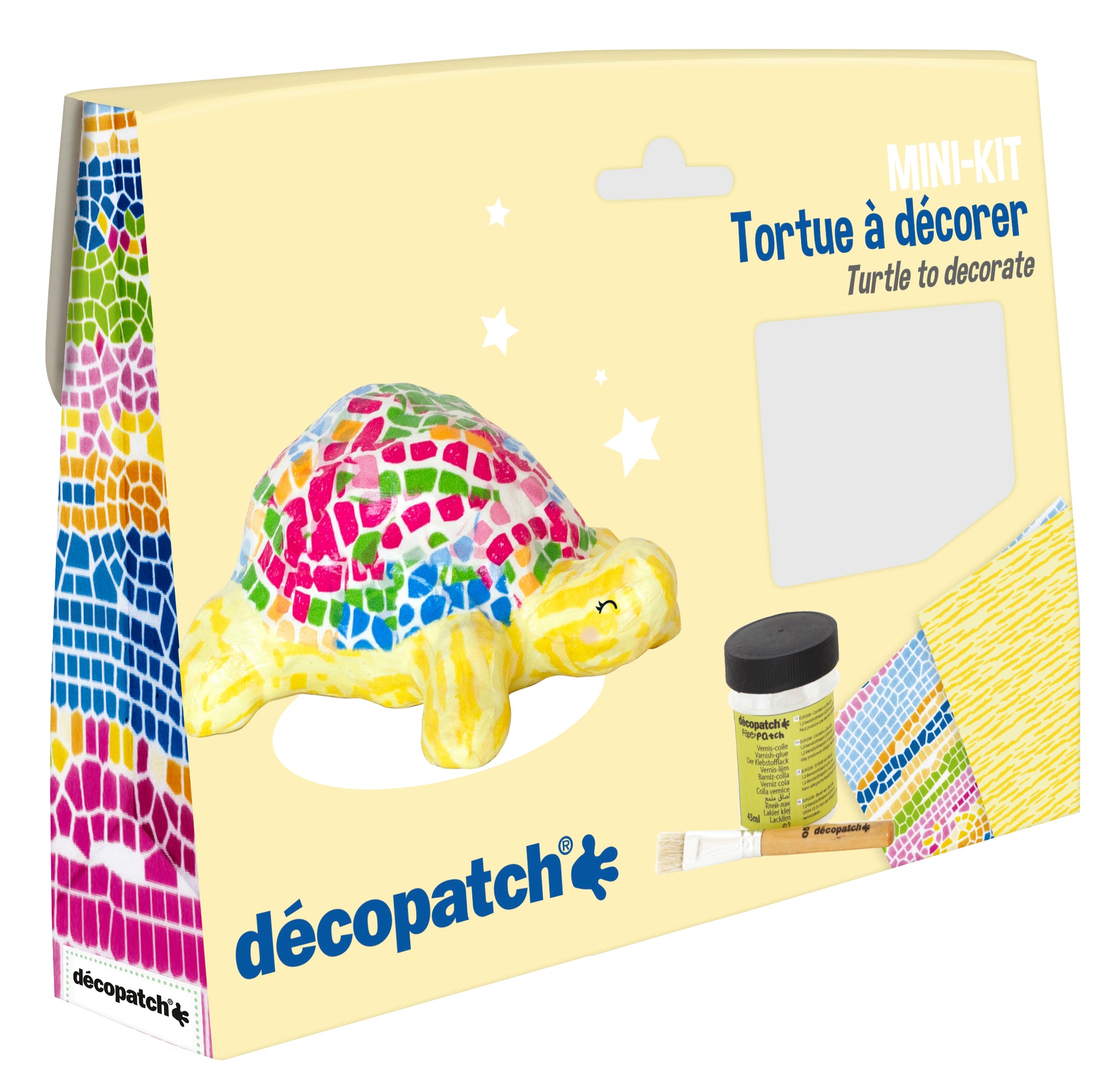 Décopatch Bastelset – Pappmaché-Schildkröte – 1 Figur, 2 Bögen, Pinsel, Klebelack – ab 5 Jahren
