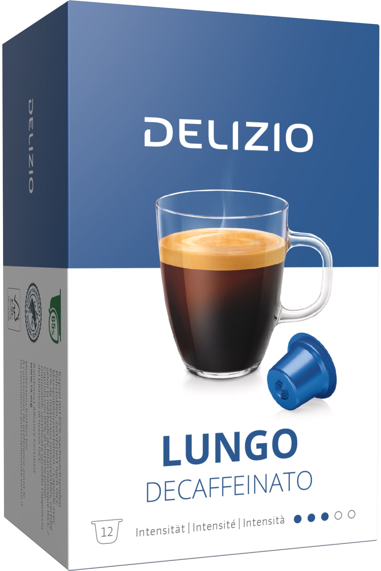 Delizio Lungo Decaffeinato – Kapseln für Delizio – entkoffeiniert, 12 Kapseln