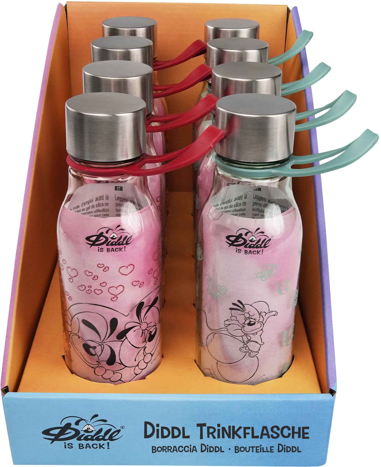 Diddl Kindertrinkflasche 500 ml – mit Trageschlaufe, Diddl-Motiv, Grün/Rosa