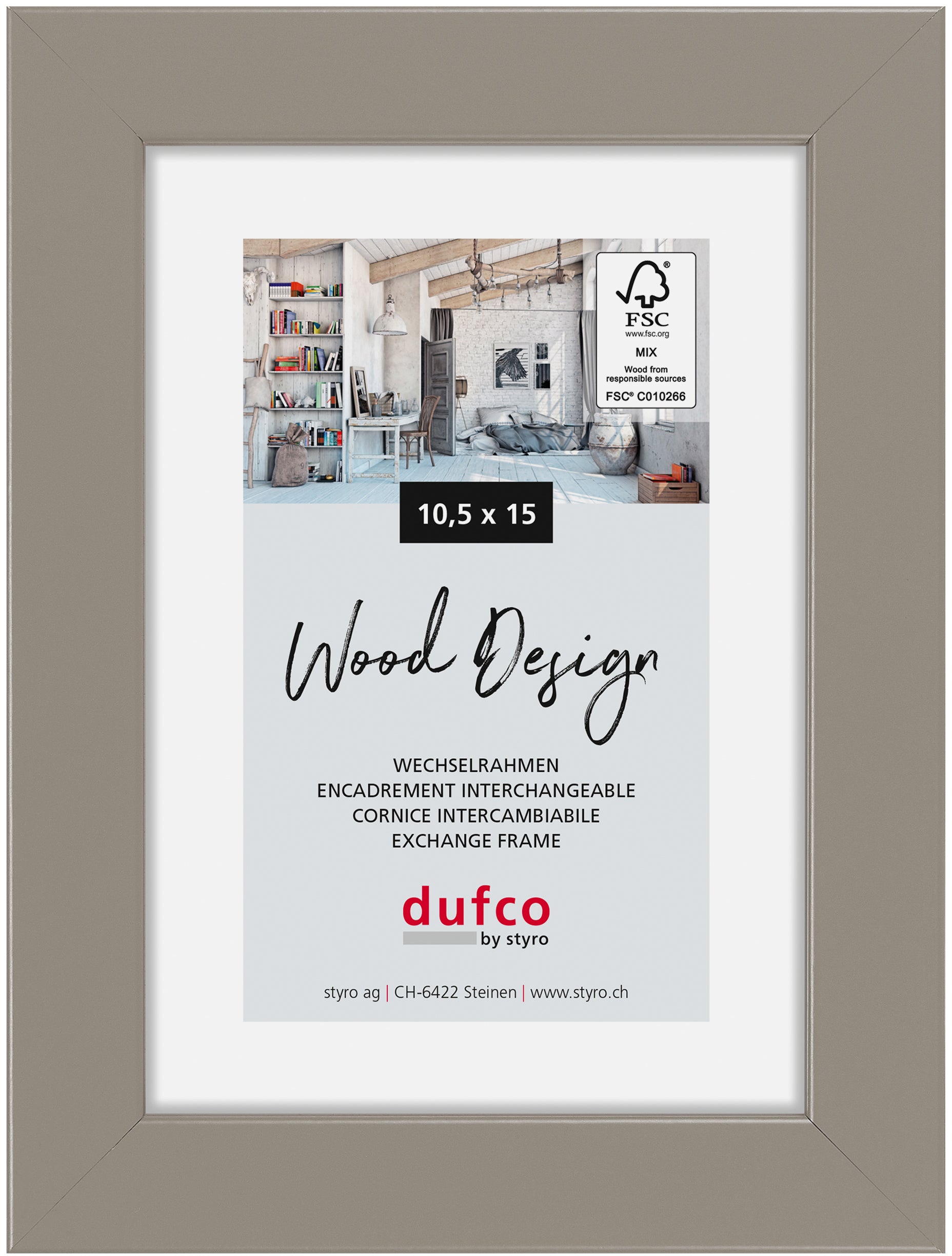 Dufco Toronto Wechselrahmen – für 10,5 × 15 cm – Holz & Glas, grau