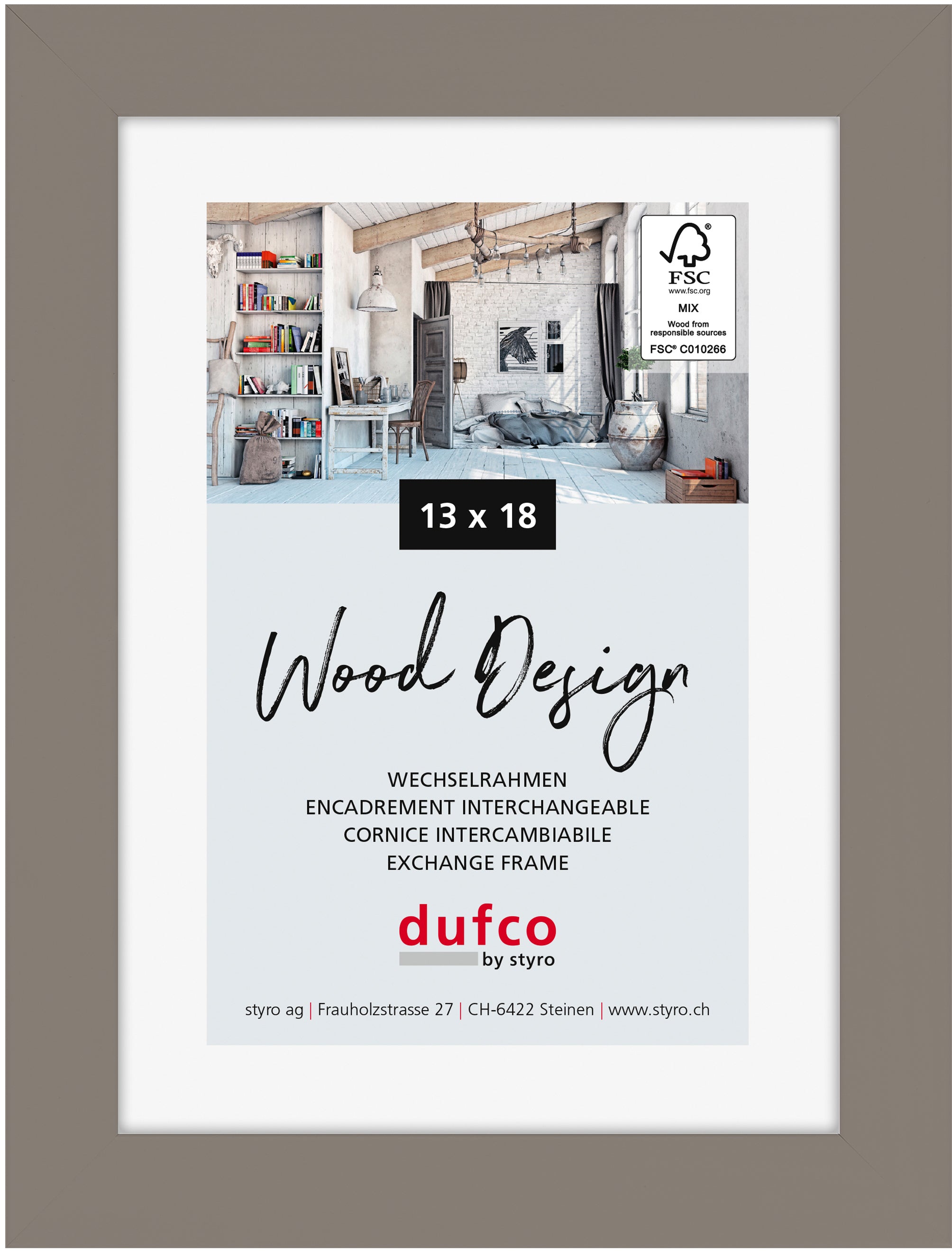 Dufco Toronto Wechselrahmen – für 13 × 18 cm – Holz & Glas, grau