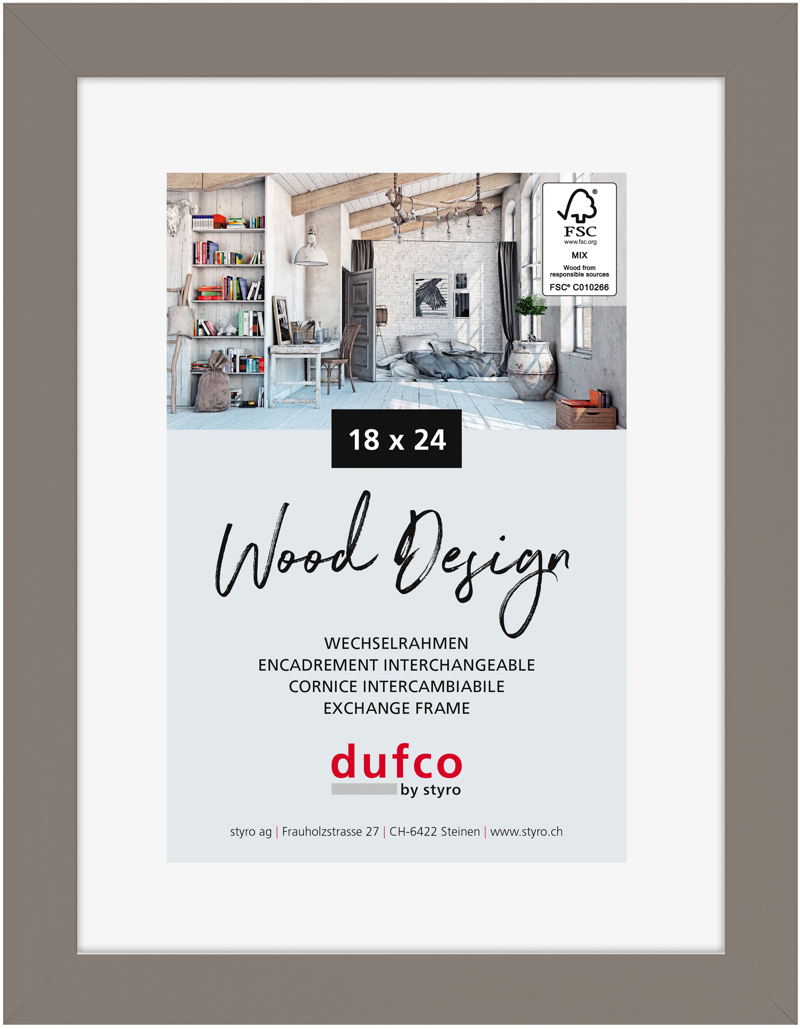 Dufco Toronto Wechselrahmen – für 18 × 24 cm – Holz & Glas, grau