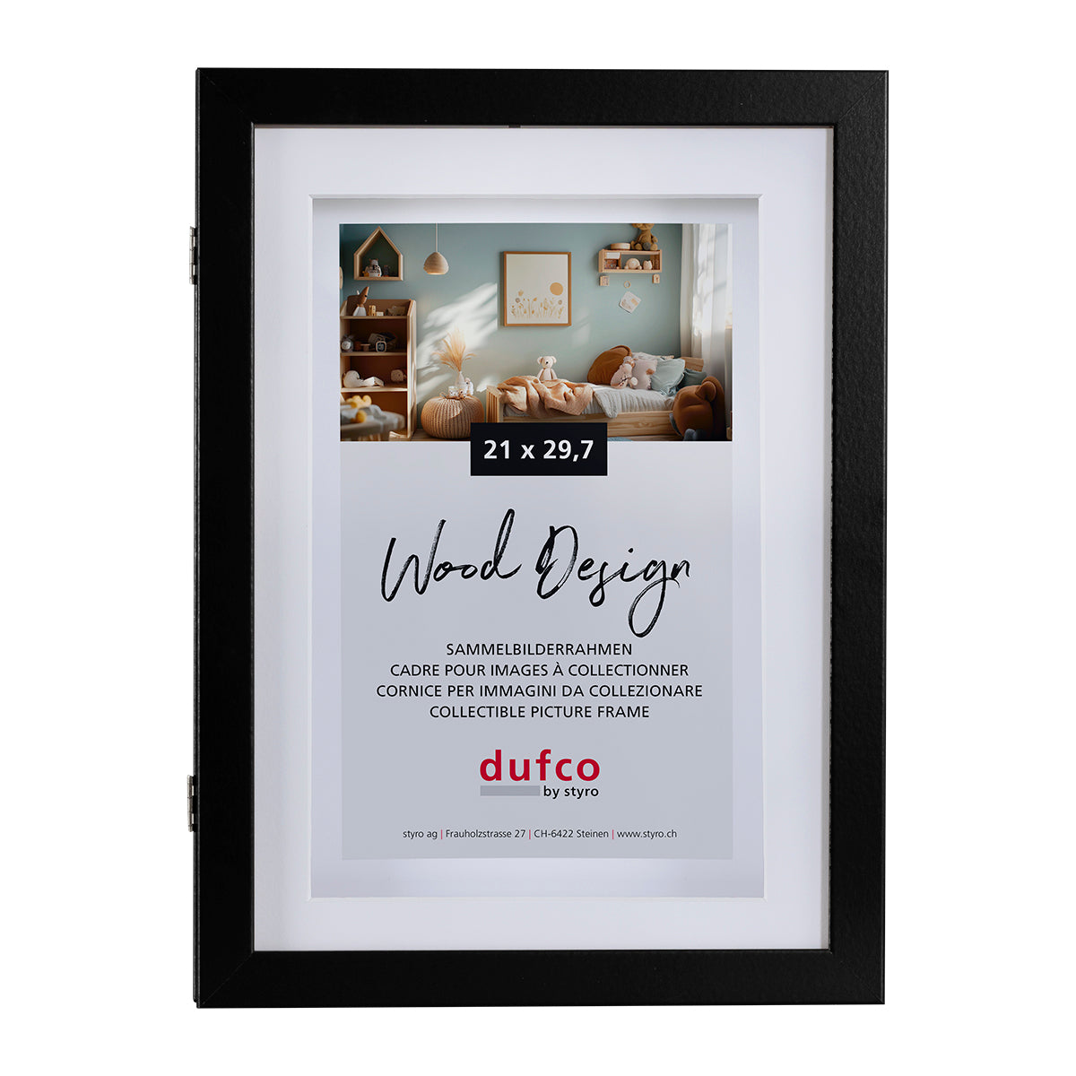 Dufco Bilderrahmen – für 21 × 29,7 cm – MDF & Kunststoff, Schwarz – mit Sammelkammer (50 Bilder)