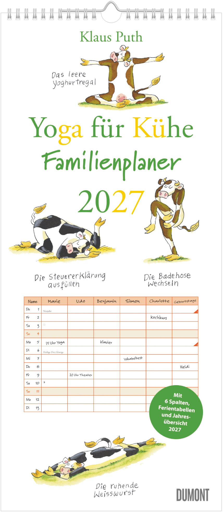 Dumont Familienplaner, Monat, 2027, 22,3 × 50,0 cm, d, 6 Spalten, Yoga Kühe