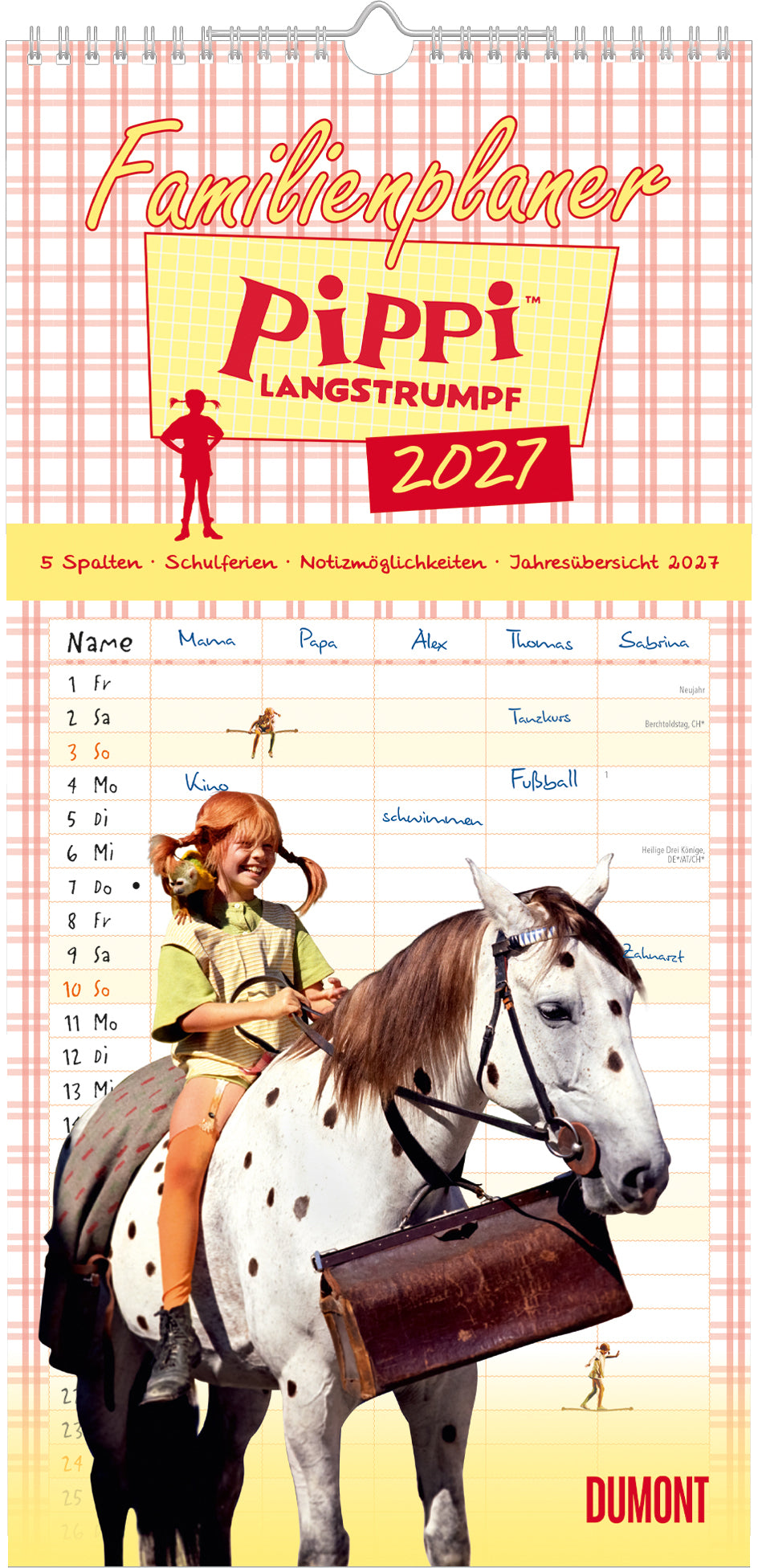 Dumont Familienplaner, Monat, 2027, 22 × 45,5 cm, 5 Spalten, Pippi Langstrumpf