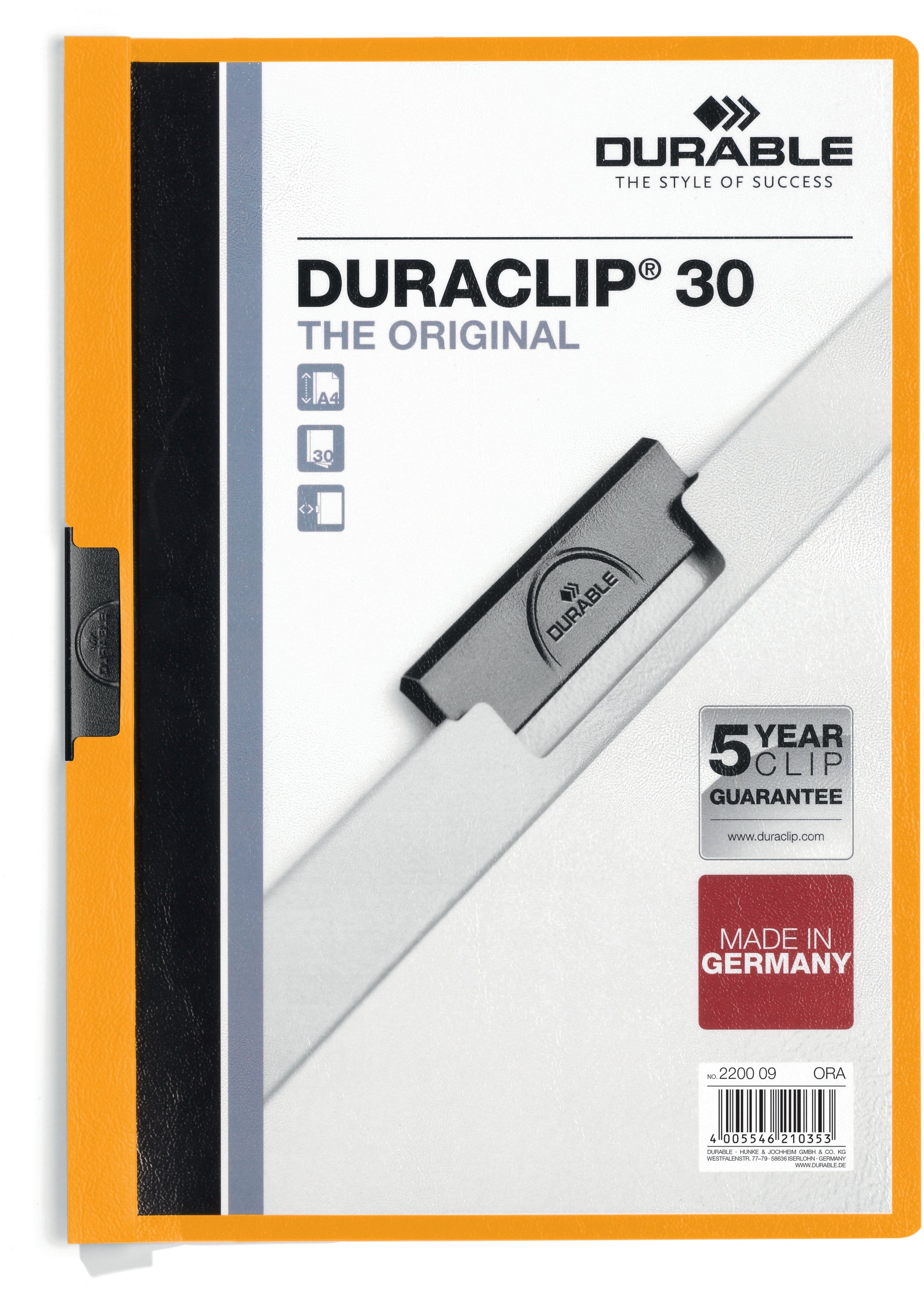 Durable Duraclip 30 Klemmhefter für A4, PVC, orange/weiss – bis 30 Blatt – 1 Stk