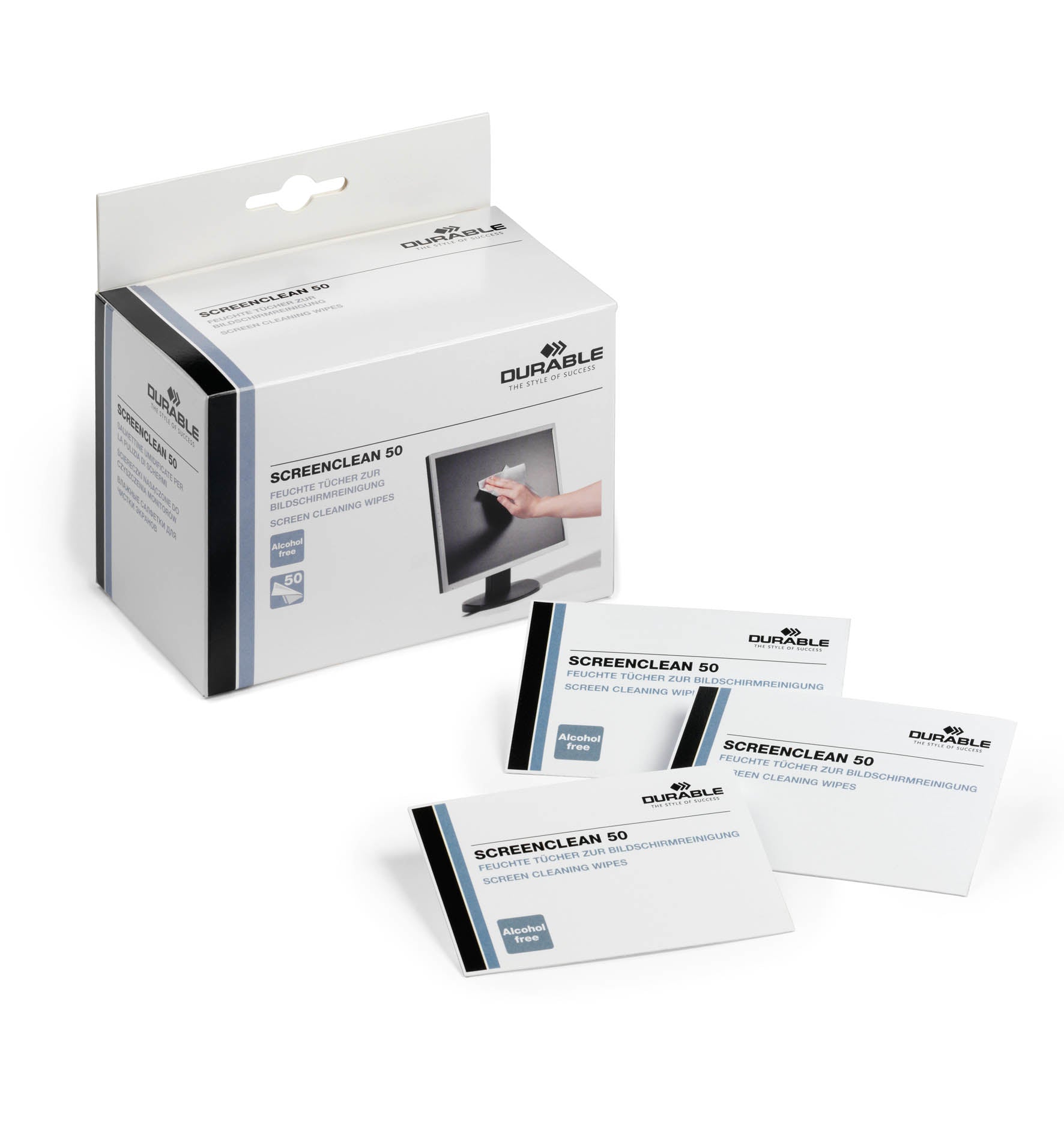 Durable Reinigungstücher Screenclean 50 – alkoholfrei – für LCD/TFT/Plasma – 50 Stk.