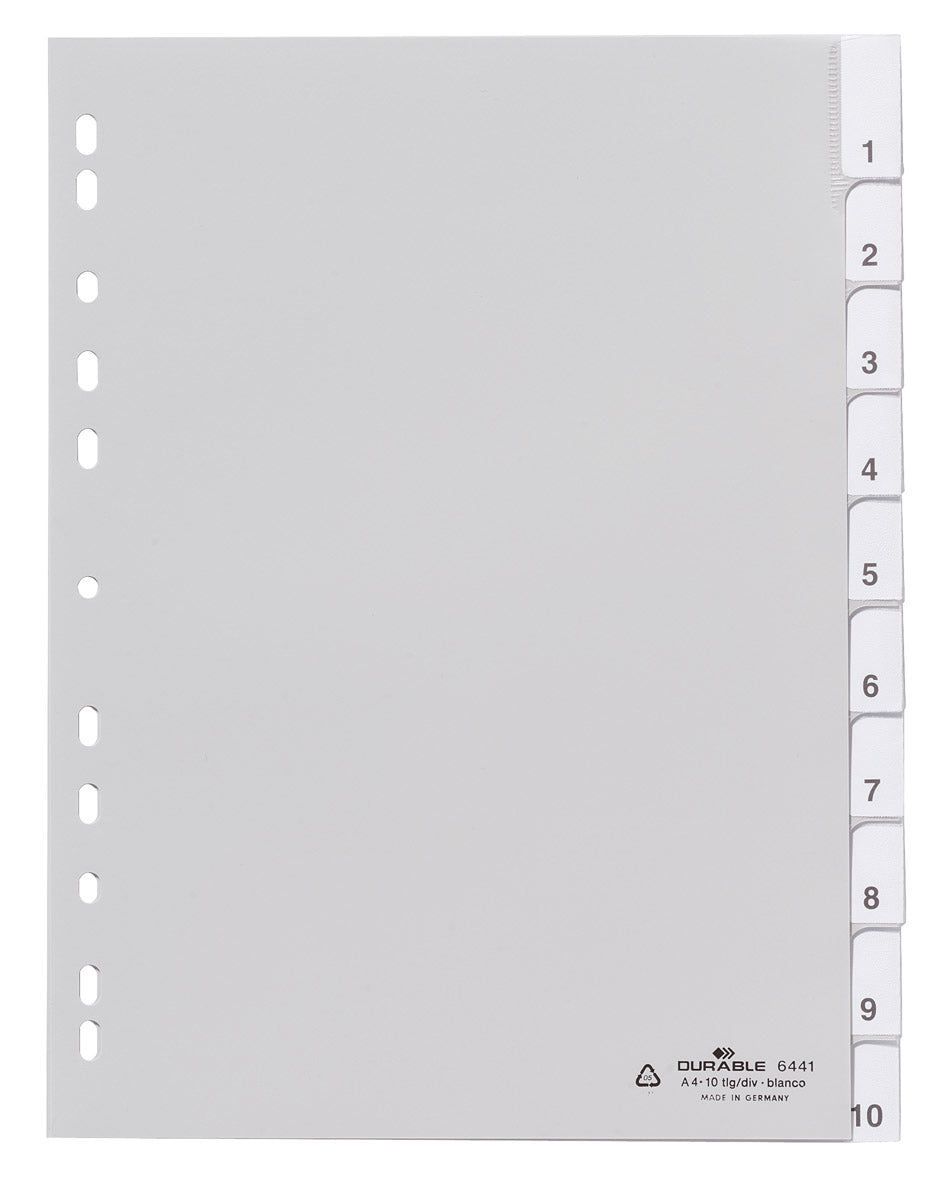 Durable Register A4 hoch – blanko, 10 Taben, PP grau, 11-fach, umschweisste Taben, Einsteckschilder