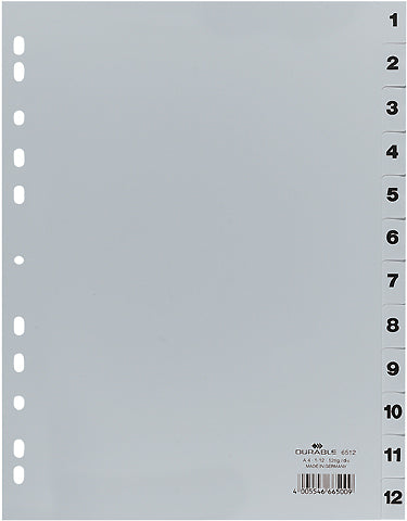 Durable Register A4 Vollformat Hoch – Nummeriert 1–12, PP, Grau, Umschweisste Taben, Einsteckschilder
