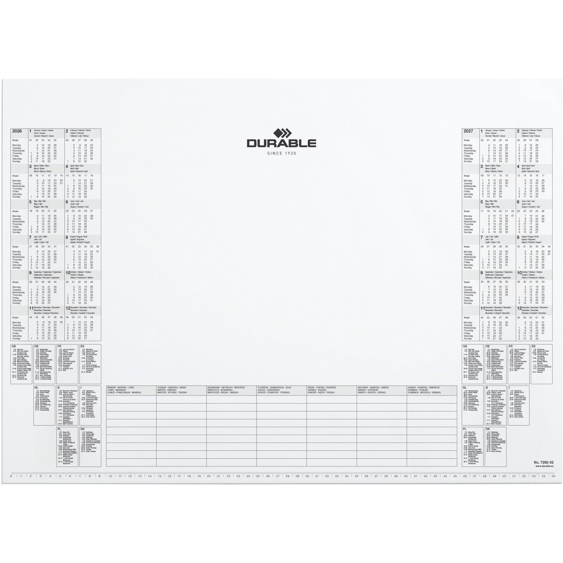 Durable 7292-02 – Tischkalender 2026–2027, 57 × 40,5 cm, 25 Blatt