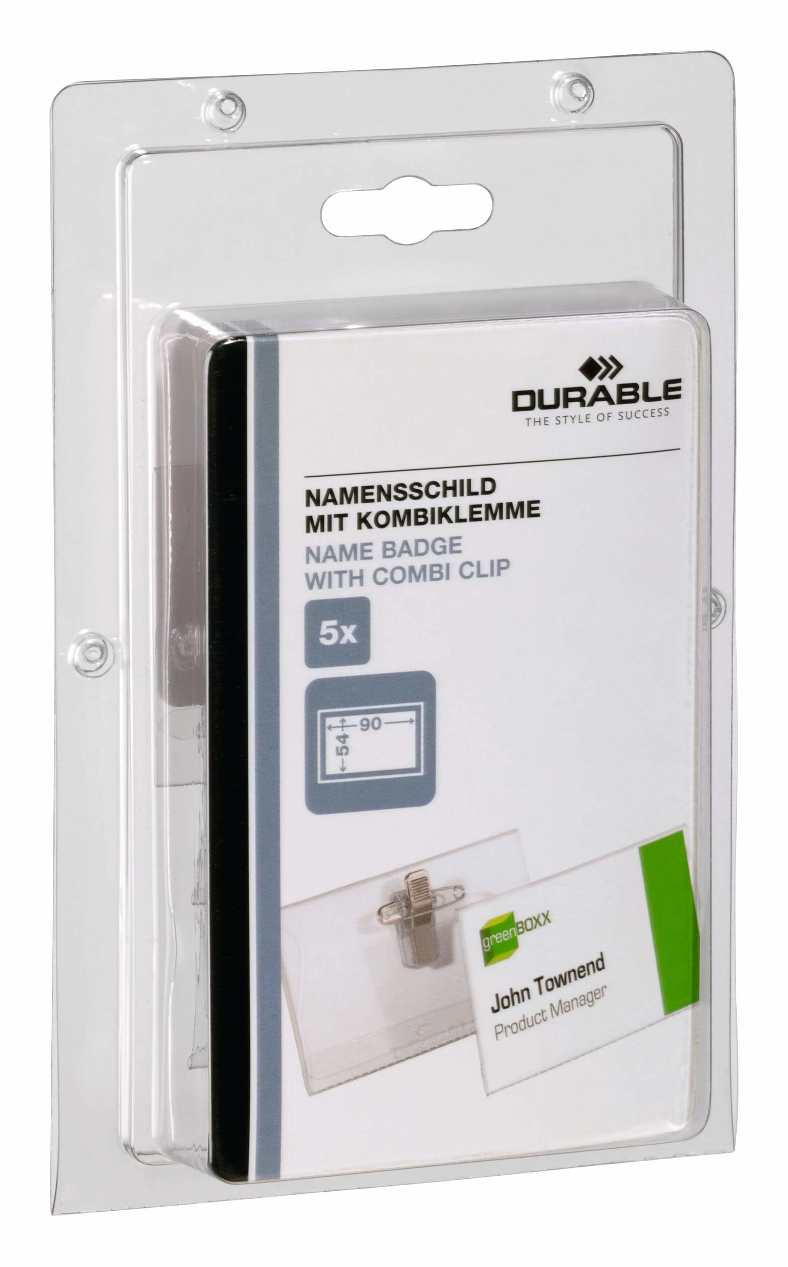 Durable Namensschild mit Kombiklemme – 90 × 54 mm – Kunststoff – transparent – 5 Stk.