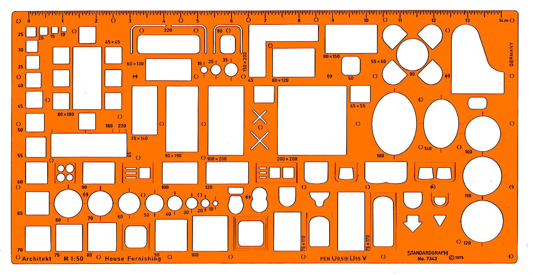 DUX – Fachschablone, Möbel, Massstab 1:50, 31,2 × 19,5 cm, Architekt