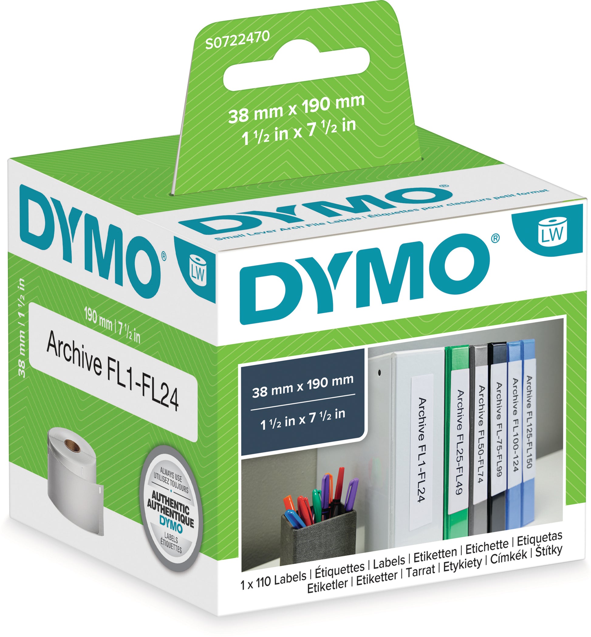 DYMO Etiketten (Rolle) 190 × 38 mm – weiss – Thermodirekt – 110 Etiketten/Rolle – für LabelWriter