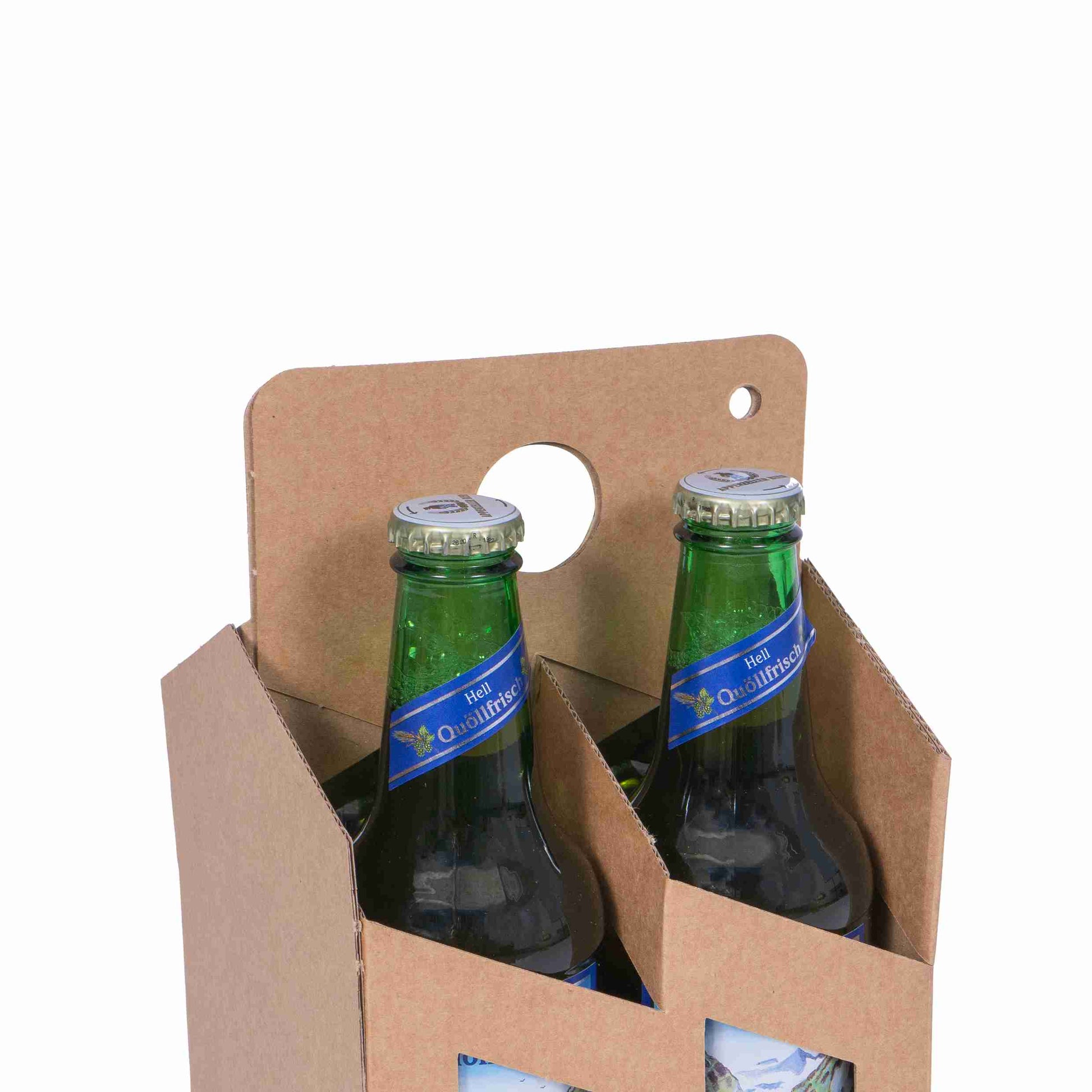 Model Präsentkarton braun – Innenmass 126 × 155 × 126 mm – mit Sichtfenster, mit Tragegriff – für 4 Flaschen – 1 Stk., ab 1'000 Stk.