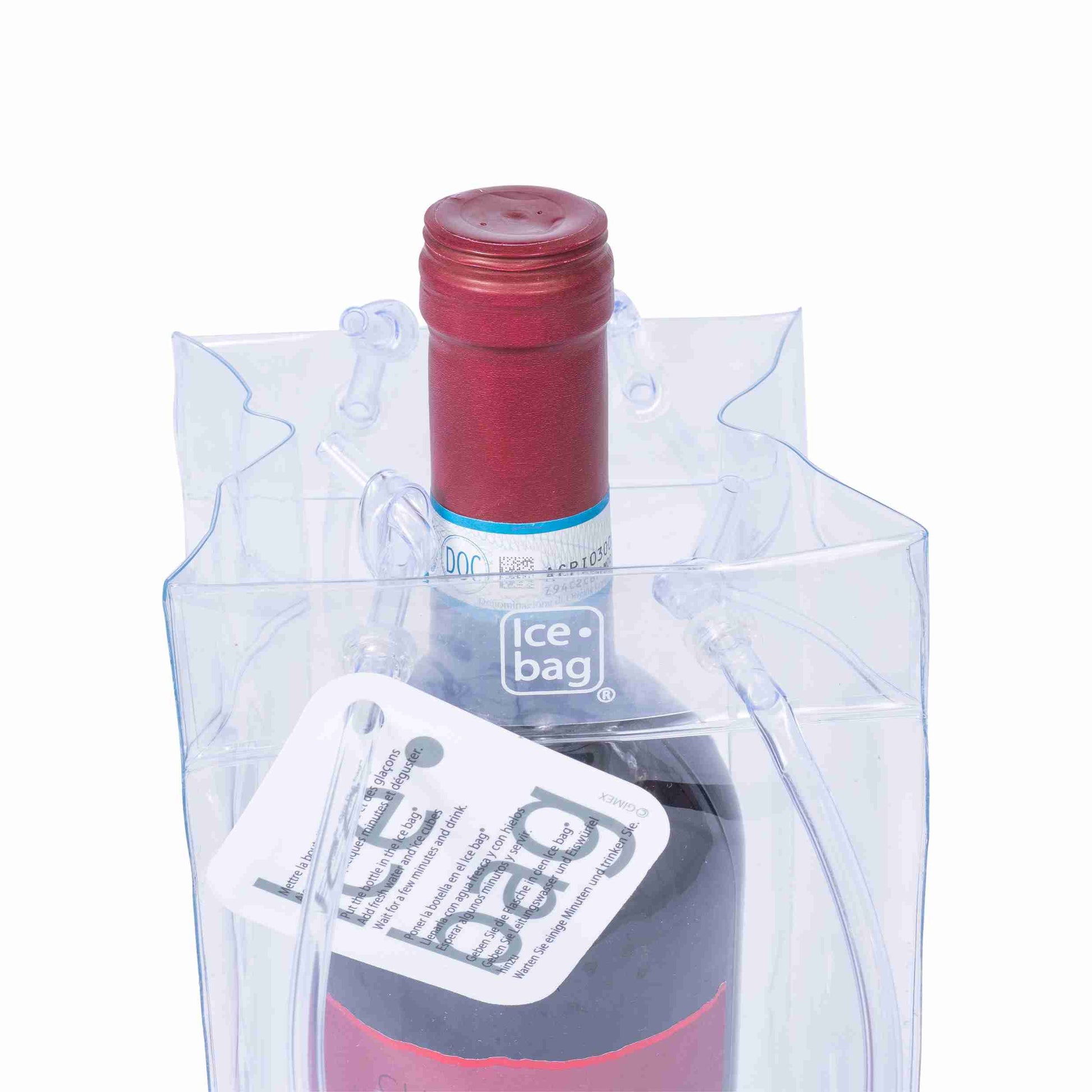 Ice bag Flaschentüte Kunststoff transparent – 110 × 260 × 110 mm – mit Kordel – für 1 Flasche – 1 Stk., ab 60 Stk.