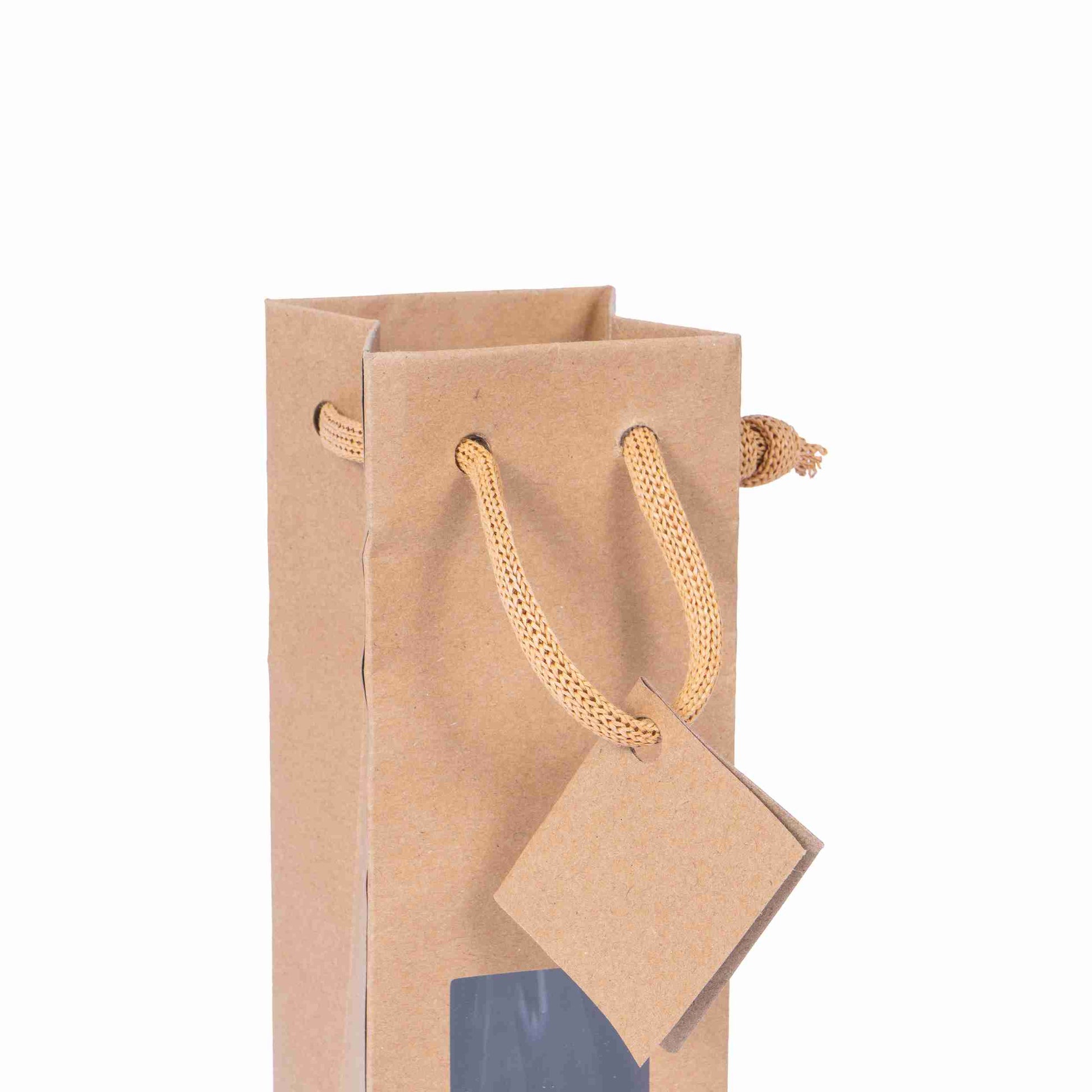 Model Flaschentüte Kraftpapier natur – 72 × 310 × 68 mm – Sichtfenster, Kordel – für 1 Flasche – 1 Palette (9'600 Stk.)