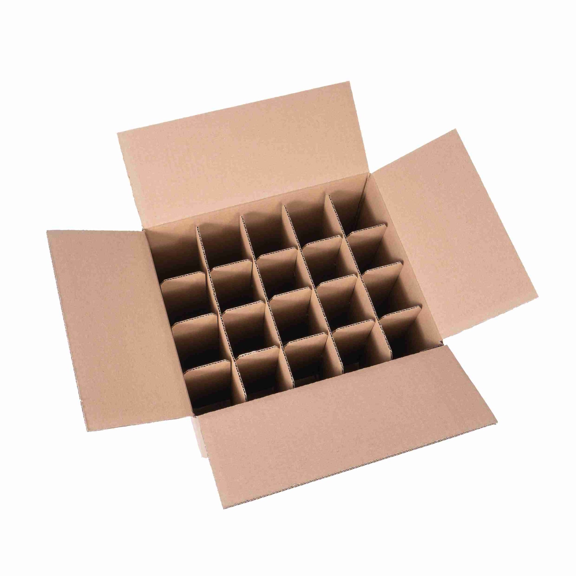 Model Weinversandkarton – für 20 × 0,25 l, max. 190 mm & Ø56 mm – 300 × 240 × 200 mm, braun, Kantenschutz – 1 Palette (600 Stk.)