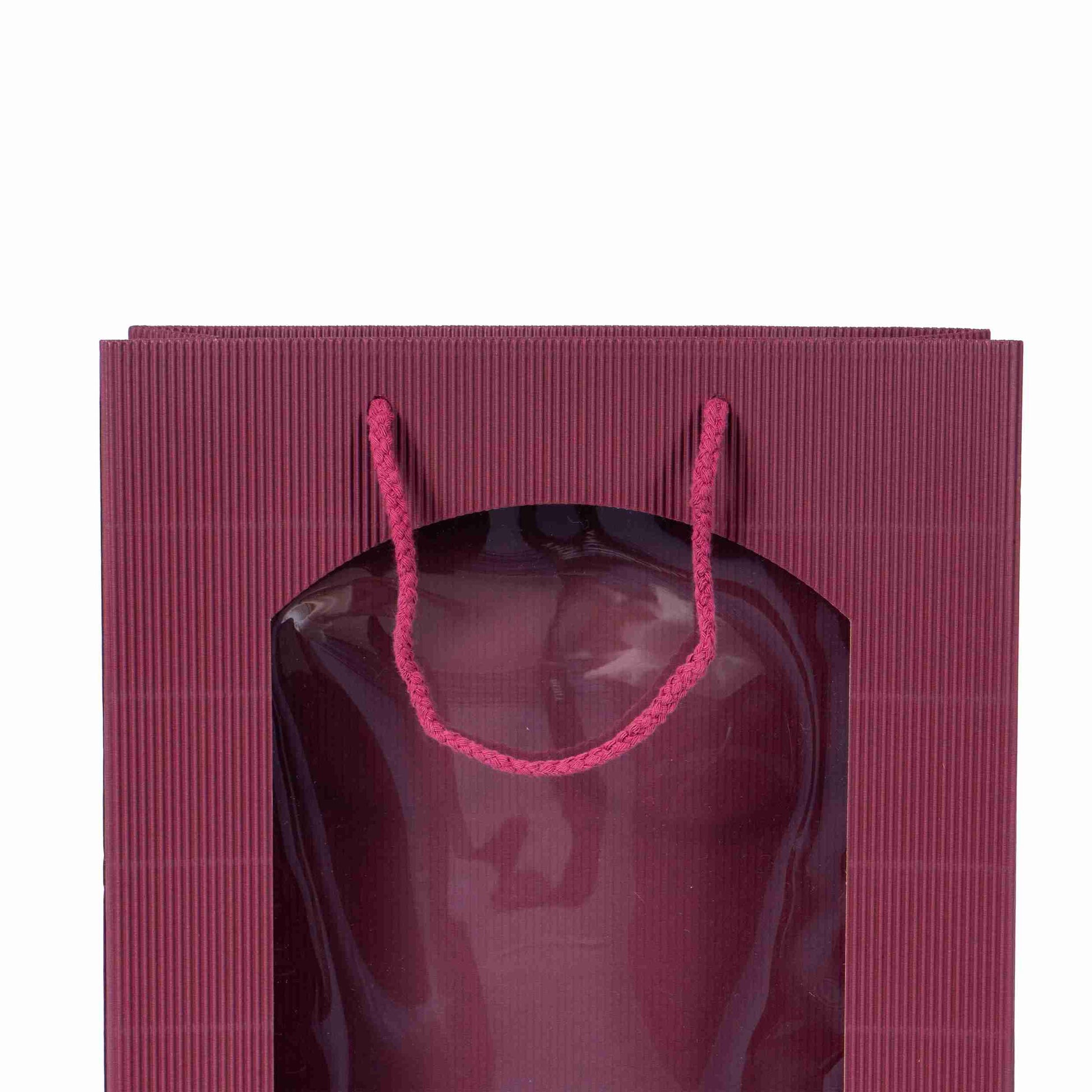 Geschenktasche bordeaux – 170 × 360 × 85 mm – Sichtfenster, offene Welle – für 2 Flaschen – 1 Stk., ab 400 Stk.