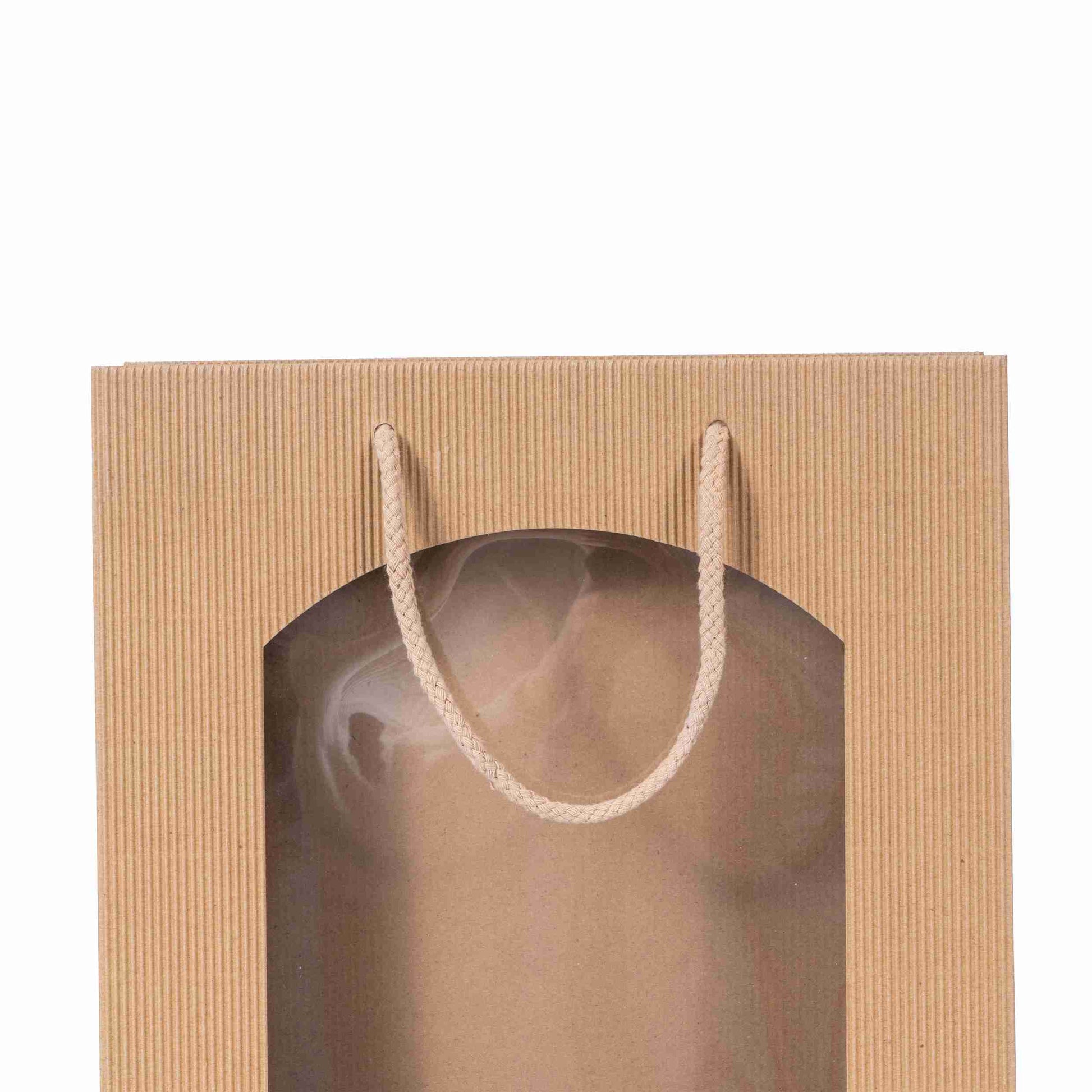 Model Flaschentüte mit Sichtfenster, offene Welle, natur – 100 × 360 × 85 mm – für 1 Flasche – 1 Stk., ab 400 Stk.