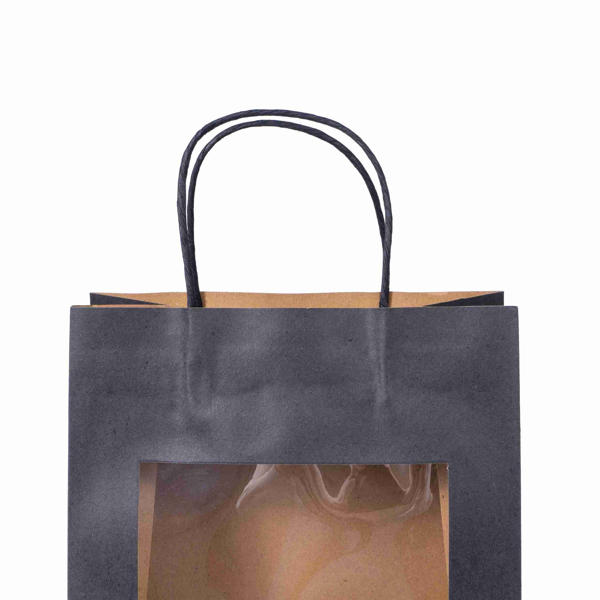 Model Geschenktasche schwarz – 115 × 147 × 65 mm – mit Sichtfenster, mit Kordel – 1 Stk., ab 100 Stk.