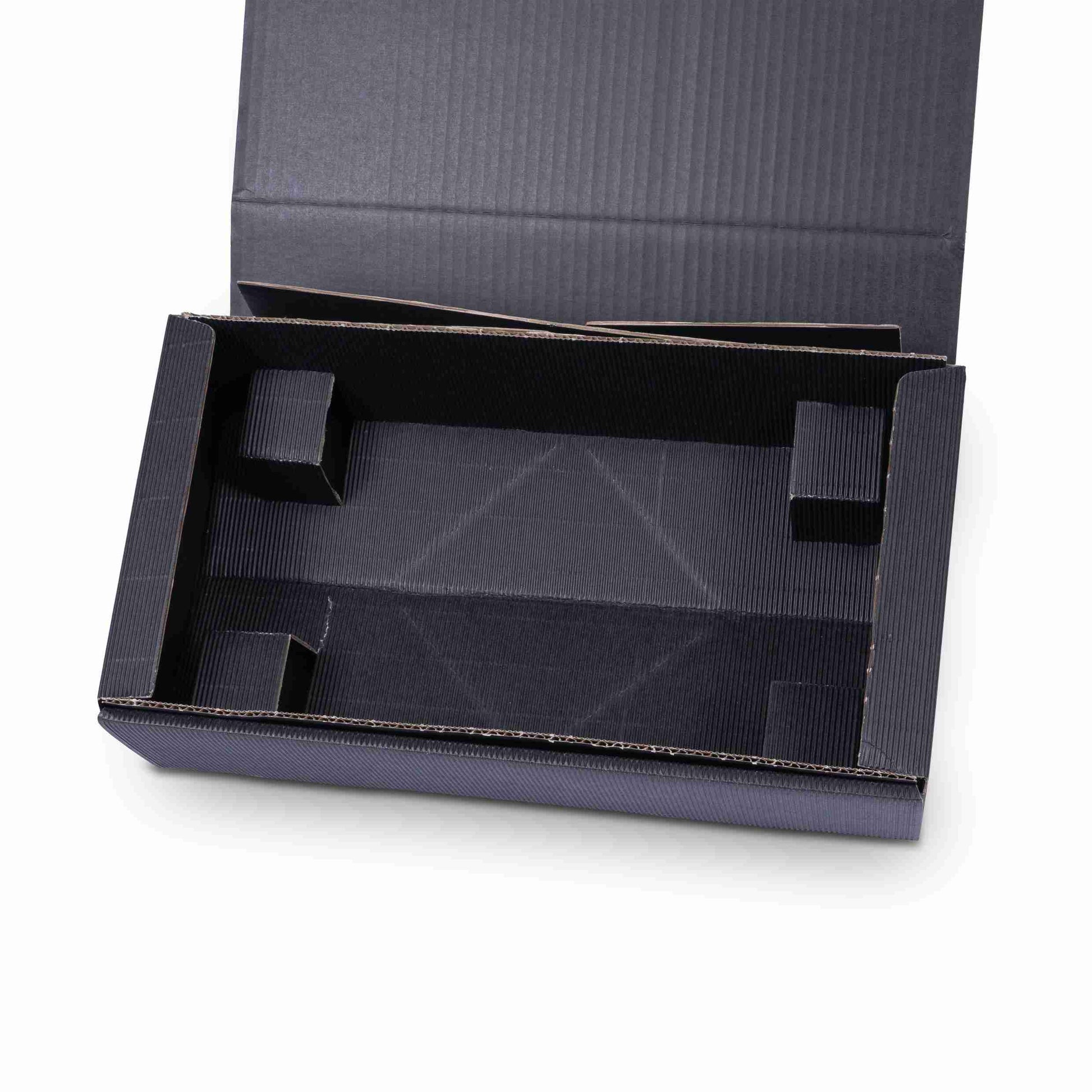 Model Weinpräsentkarton schwarz – Innenmass 180 × 360 × 90 mm – für 2 Flaschen – 1 Palette (500 Stk.)