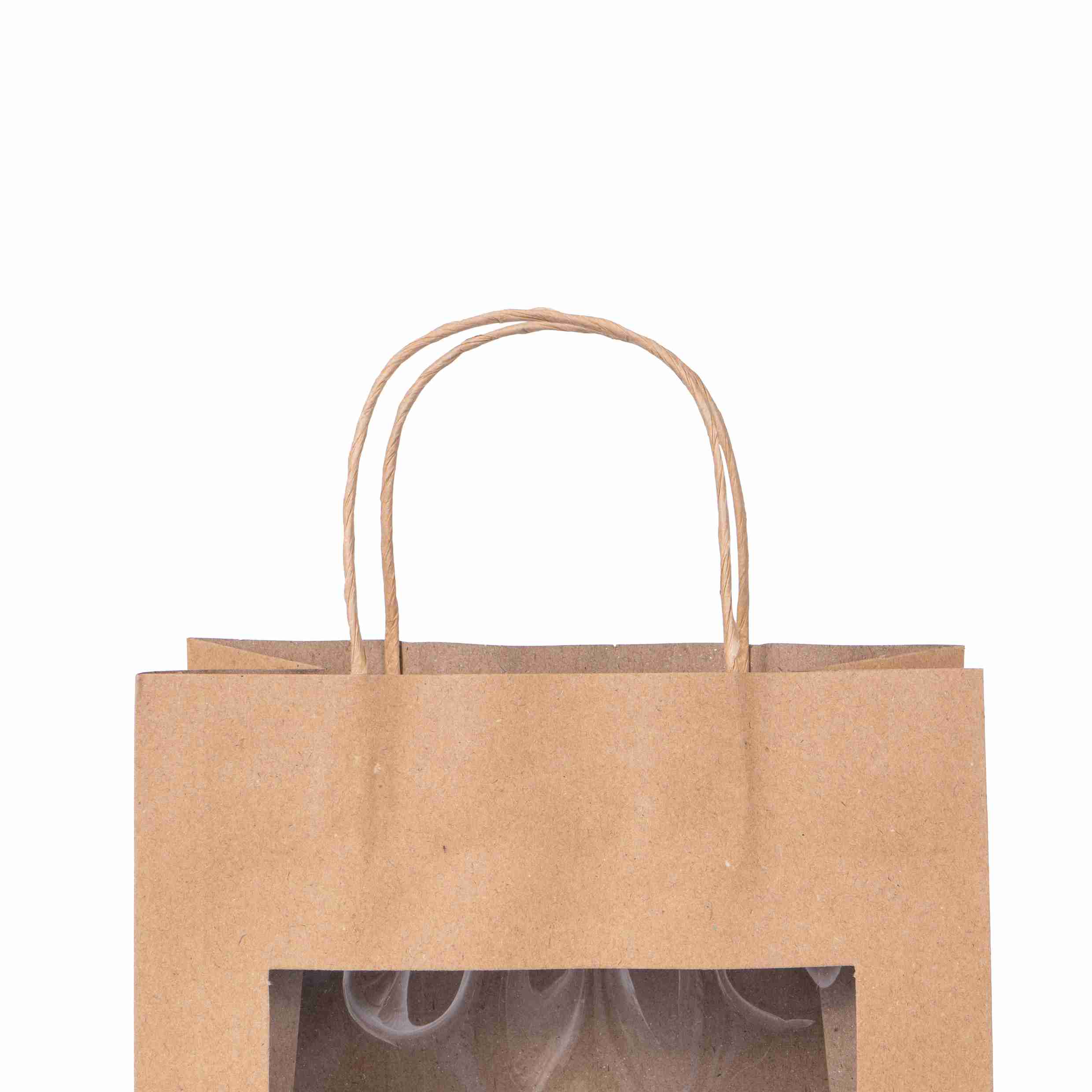 Model Geschenktasche Papier braun – 220 × 280 × 110 mm – Sichtfenster, Blockboden – 1 Stk., ab 20 Stk.