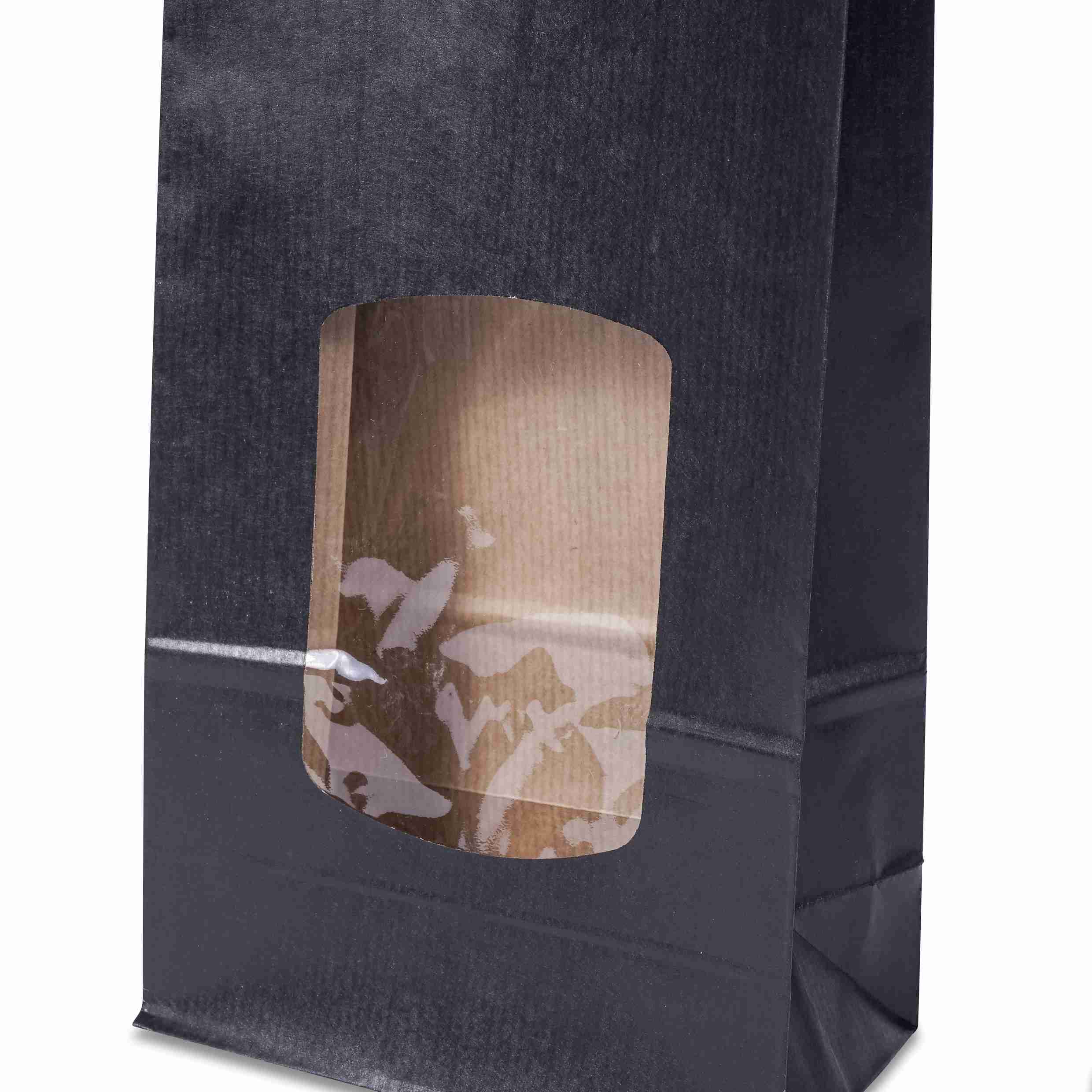 Model Mehrzweckbeutel – 100 × 55 × 290 mm, schwarz, Kraftpapier, Sichtfenster – 1 Stk., ab 100 Stk.