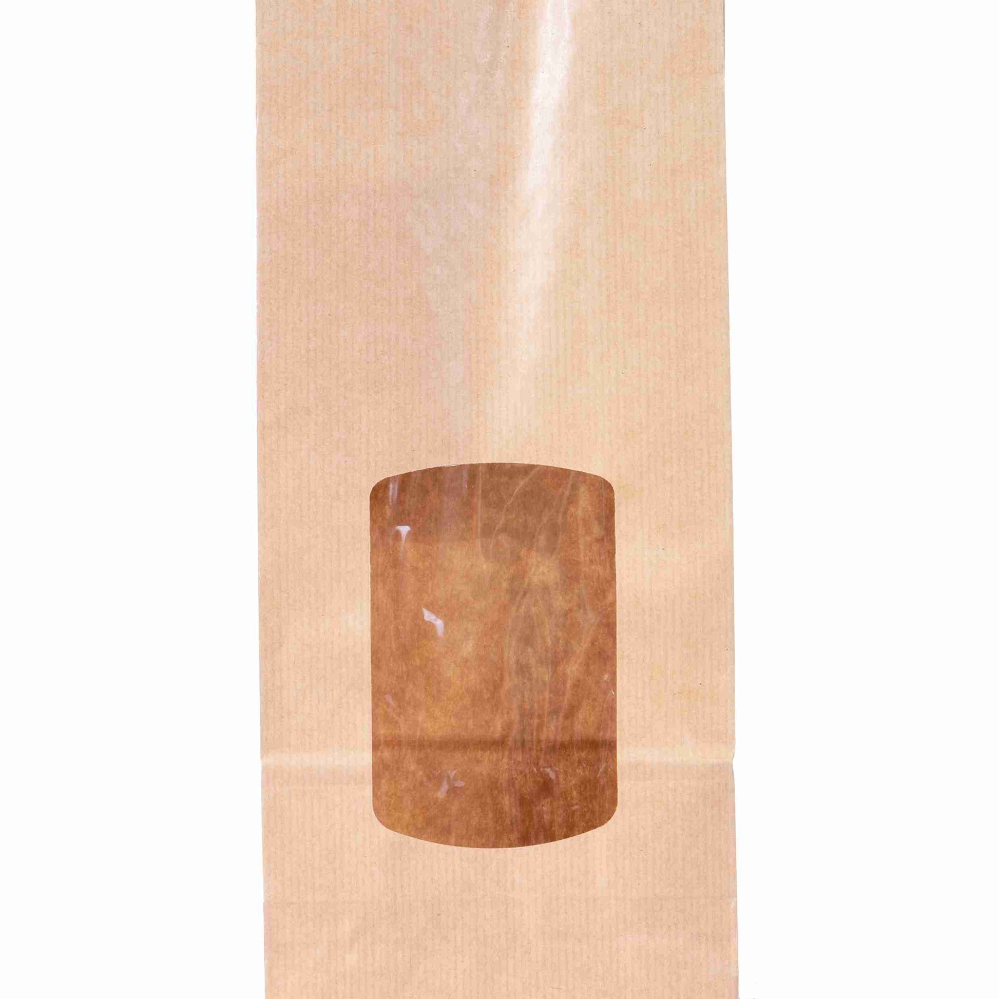 Model Geschenkbeutel Kraftpapier braun – 85 × 210 × 50 mm – mit Sichtfenster, lebensmittelecht – 1 Stk., ab 100 Stk.