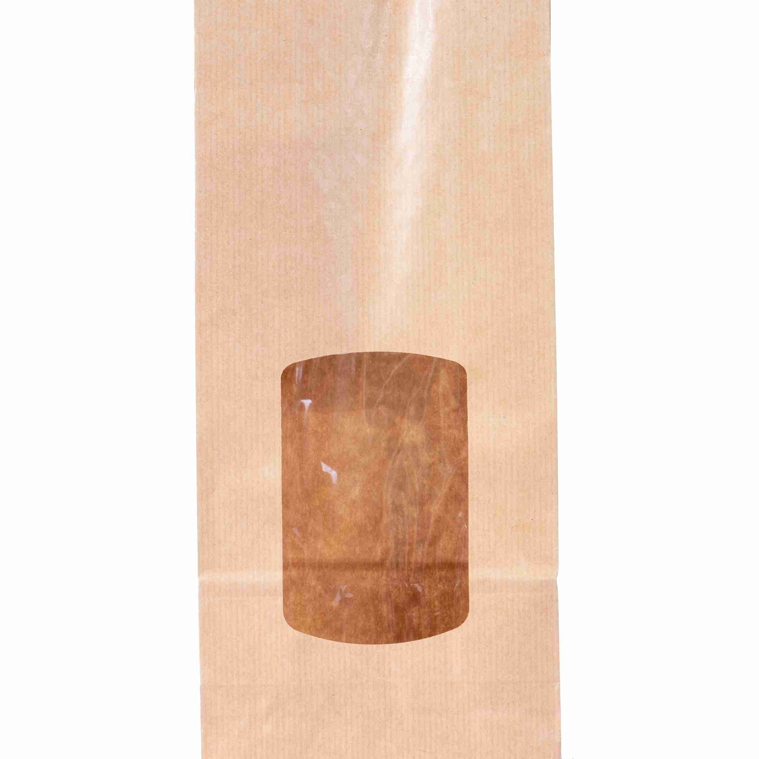 Model Geschenkbeutel Kraftpapier braun – 85 × 210 × 50 mm – mit Sichtfenster, lebensmittelecht – 1 Stk., ab 100 Stk.