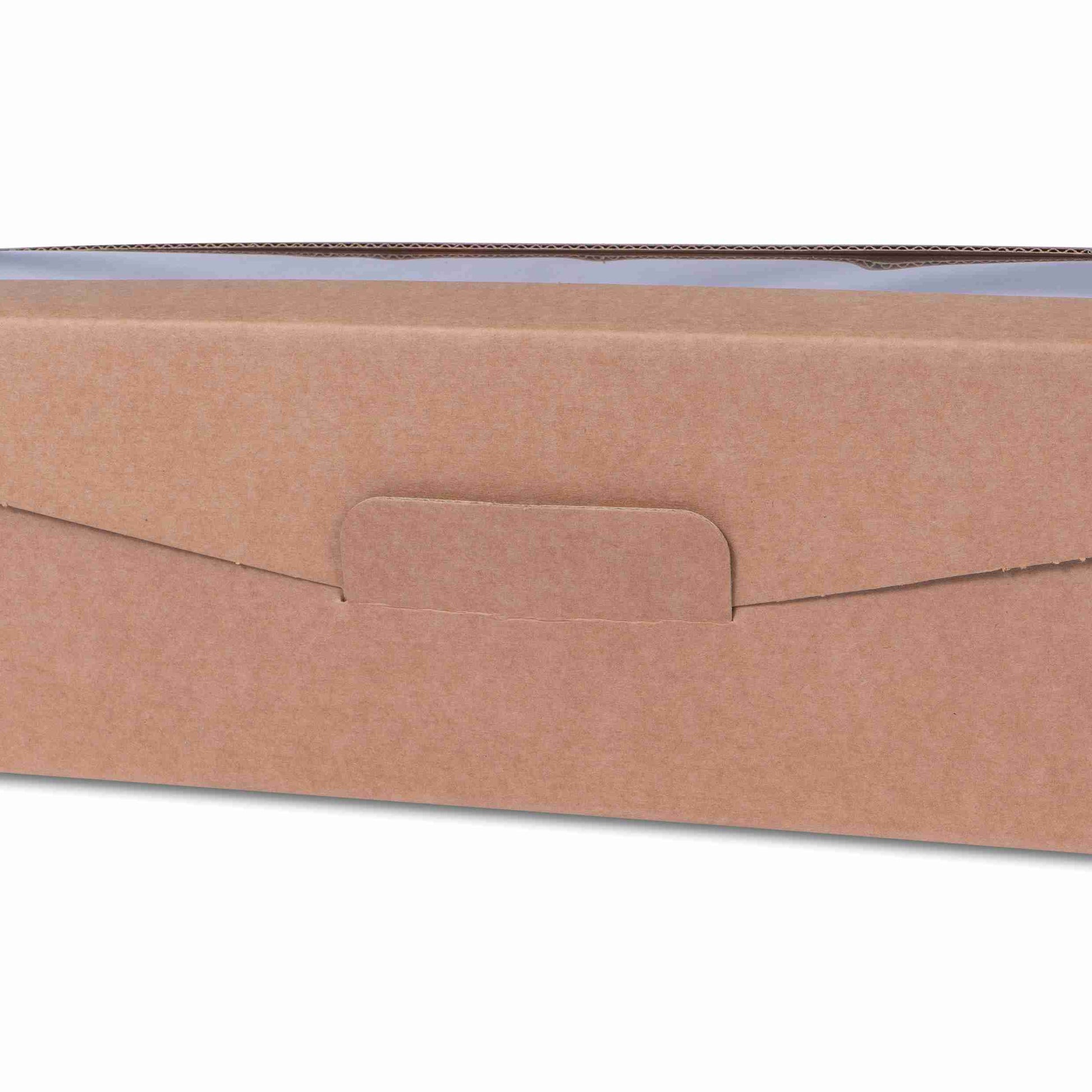 Model Geschenkbox Wellpappe braun – 95 × 380 × 90 mm – Klappdeckel, Sichtfenster – für 1 Flasche – 1 Stk., ab 100 Stk.