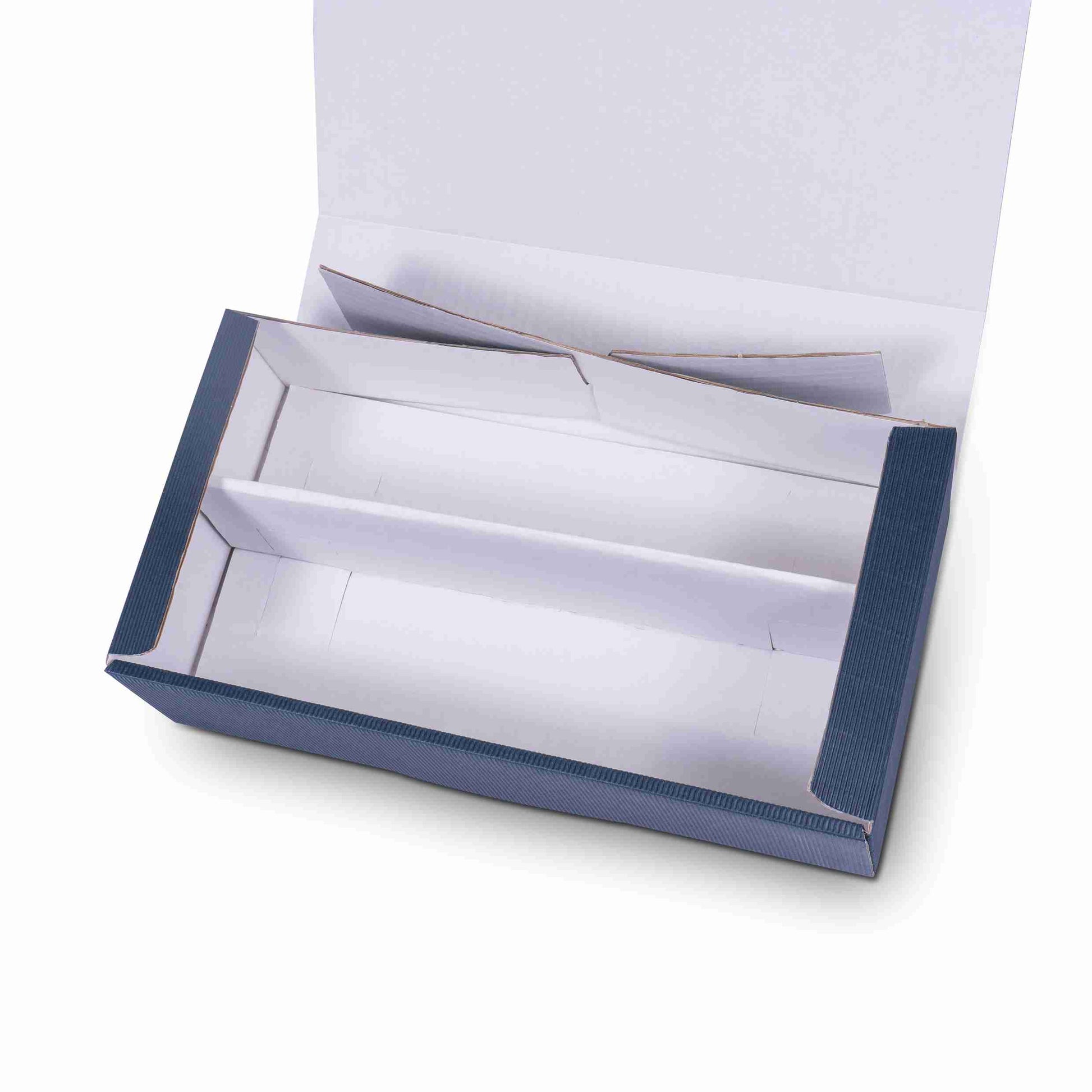 Model Weinpräsentkarton Offene Welle dunkelblau – Innenmass 180 × 360 × 90 mm – für 2 Flaschen (Flaschenhöhe m – 1 Stk., ab 100 Stk.