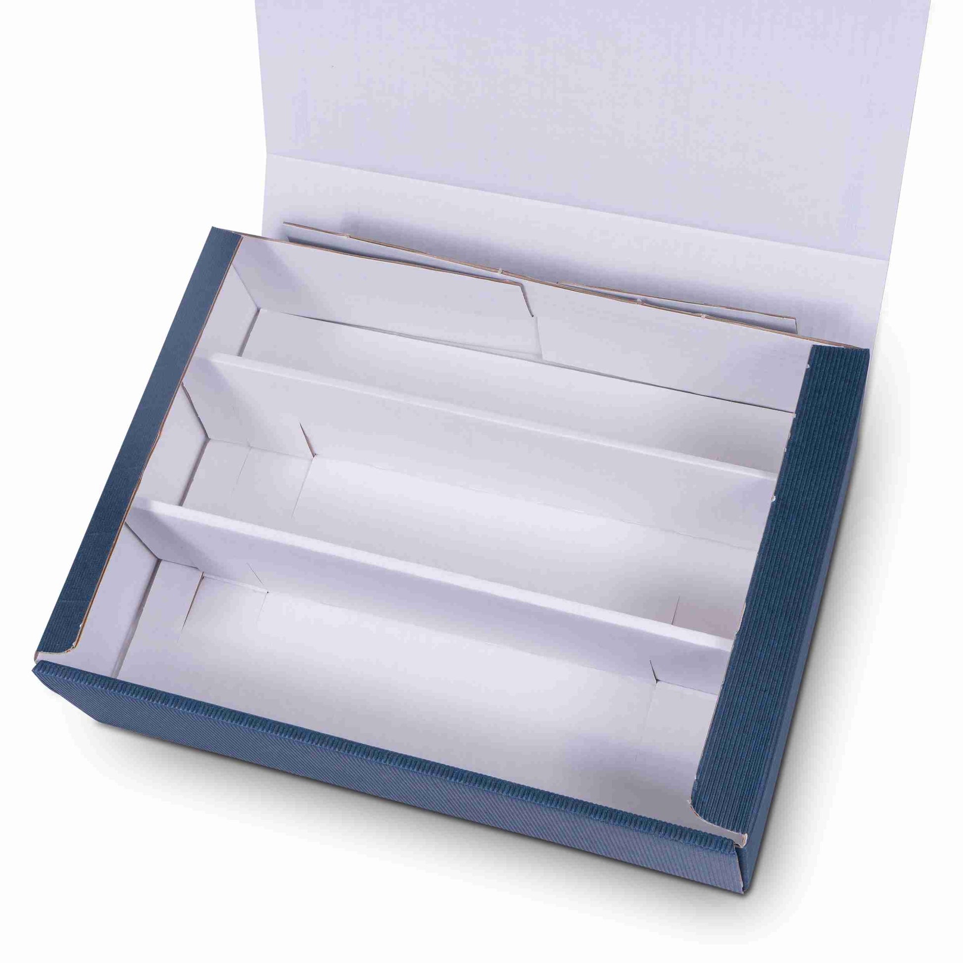 Model Weinpräsentkarton offene Welle, Wellpappe, dunkelblau – Innenmass 360 × 90 × 250 mm – für 3 Flaschen – 1 Stk., ab 100 Stk.