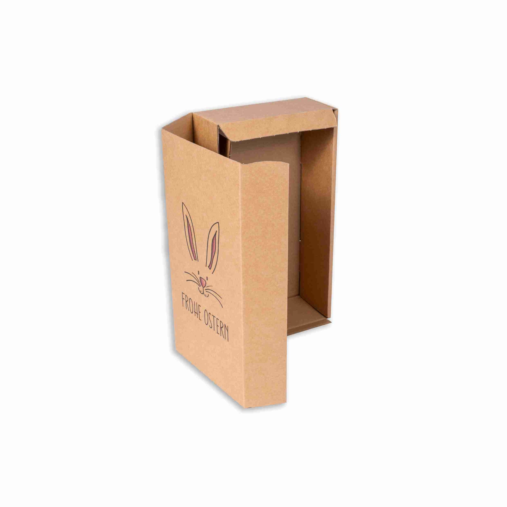 Model Weinpräsentkarton Osterhasen-Motiv braun – Innenmass 180 × 360 × 90 mm – für 2 Flaschen – 1 Stk., ab 25 Stk.