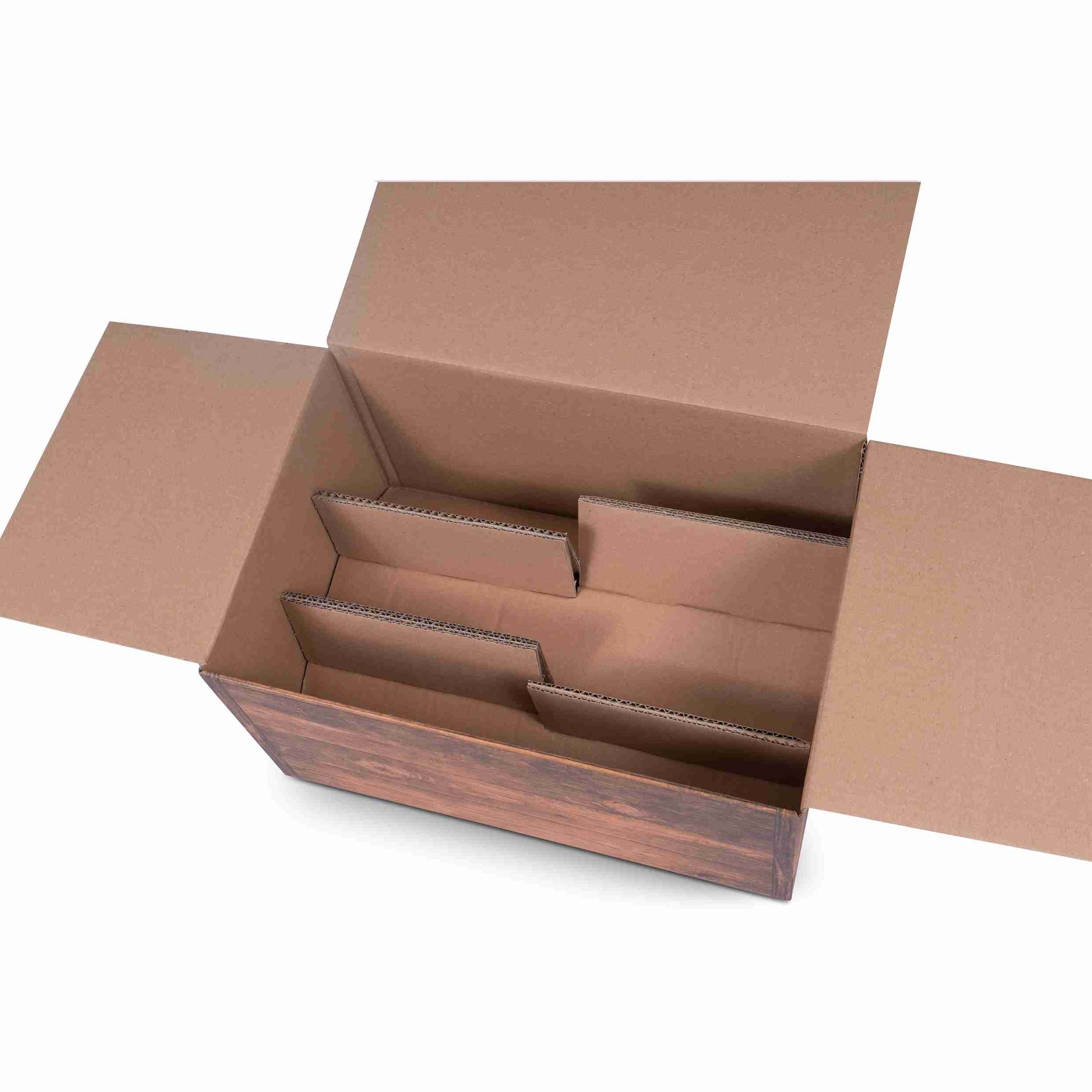 Weinpräsentkarton Holzmuster – Innenmass 255 × 380 × 195 mm – für 6 × 0,75 l Flaschen – 1 Stk., ab 20 Stk.