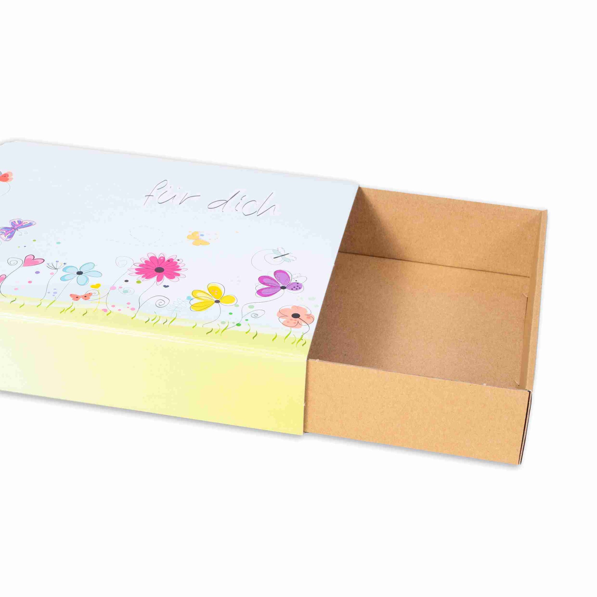 Geschenkbox Blumenwiesen-Motiv, Wellkarton – 250 × 50 × 180 mm – 1 Stk., ab 200 Stk.
