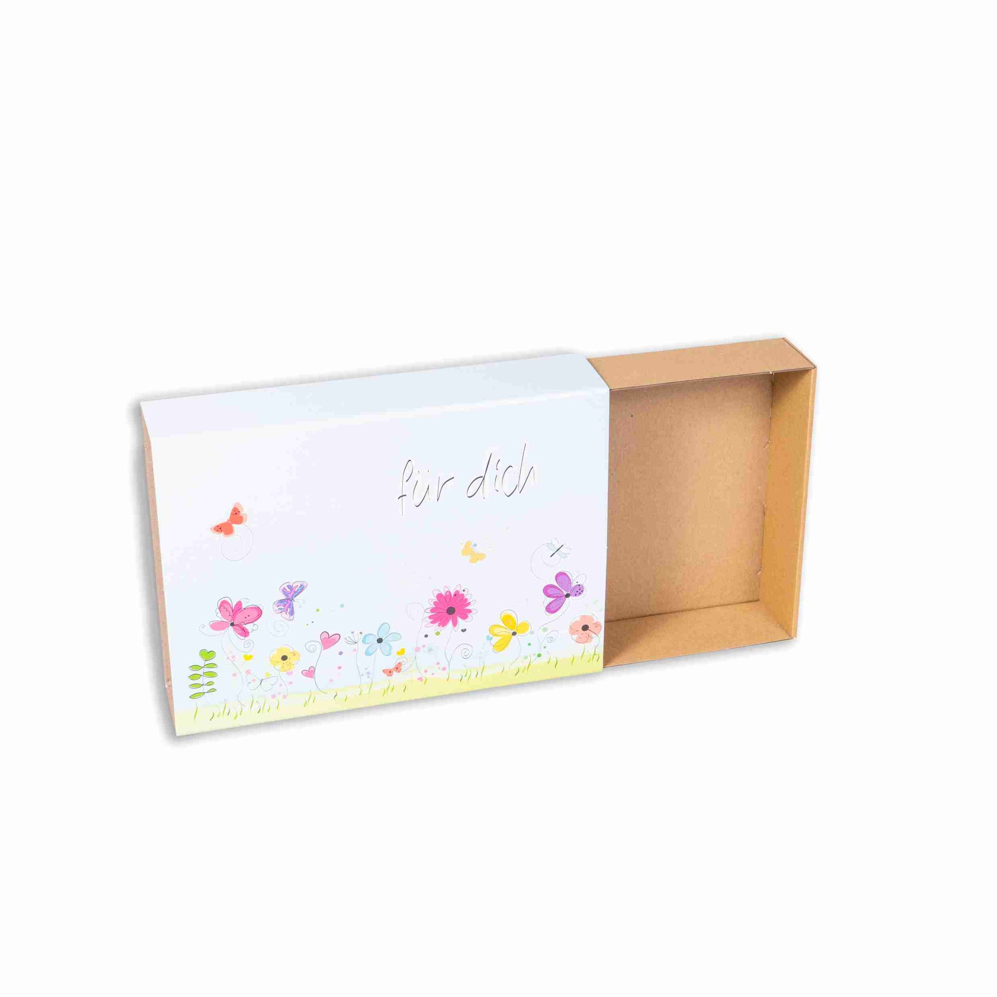 Schiebeschachtel Blumenwiesen-Motiv, Wellpappe, braun – 250 × 180 × 50 mm – 1 Stk., ab 25 Stk.