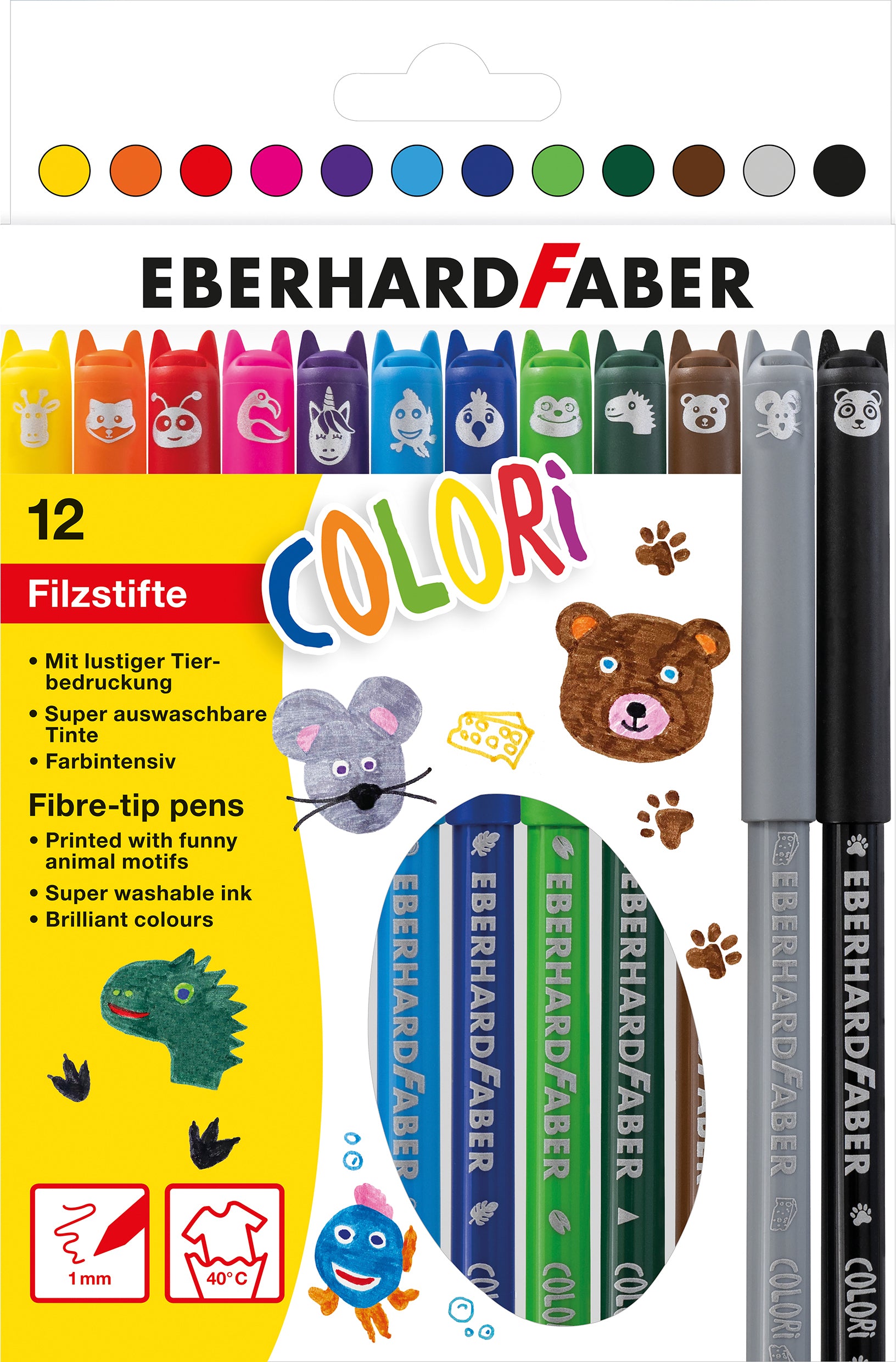 Eberhard Faber Colori Filzstifte Animal – 1 mm, auswaschbar, 12 Farben