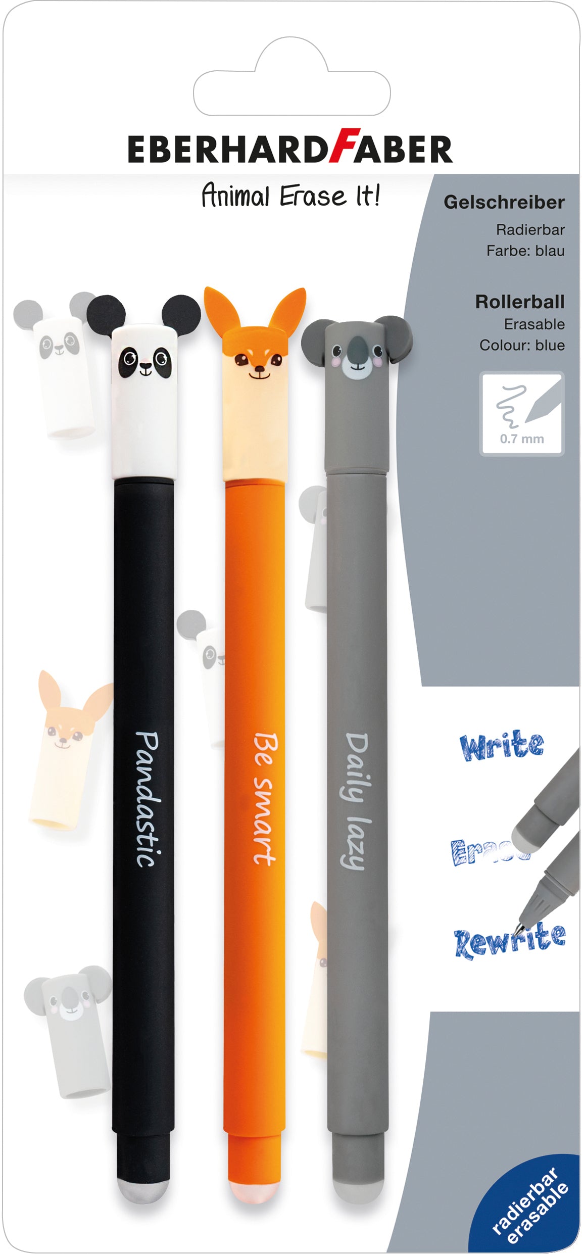 Eberhard Faber Animal Erase It Gelschreiber, Kappe – Blau, Spitze 0,7 mm, radierbar, nachfüllbar, 3er-Set
