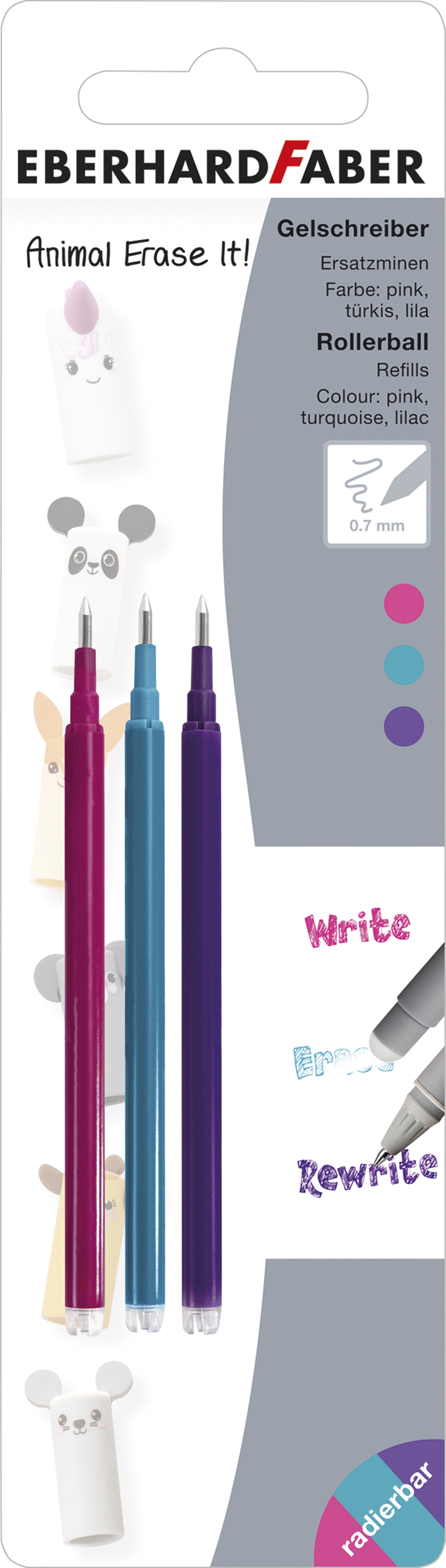 Eberhard Faber Animal Erase it Rollerpatrone – Rosa, Türkis, Violett, 0,7 mm, 3er-Pack
