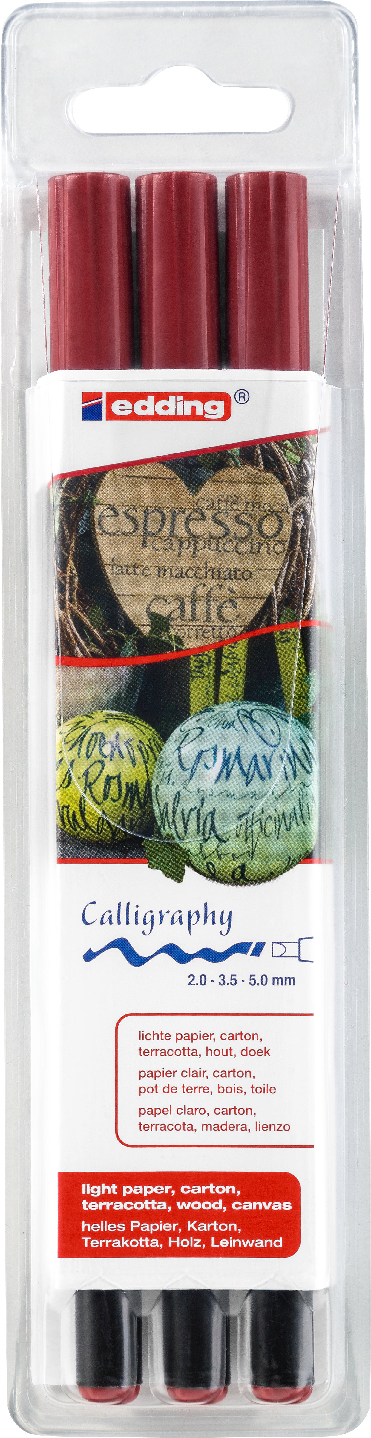 Edding Calligraphy 1255 Permanentmarker – Keilspitze 2–5 mm – Karmesin – 3er-Set – für Papier, Karton und Pappe