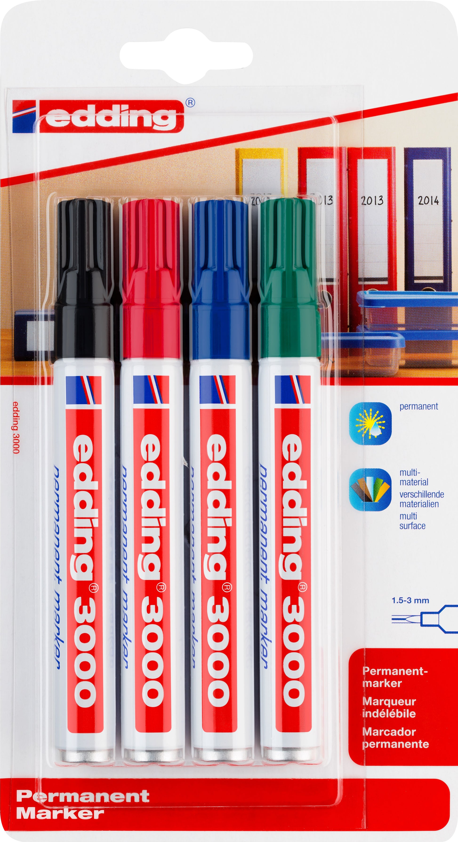 Edding 3000 Permanentmarker – Rundspitze 1,5–3 mm – Mehrfarbig – 4er-Set
